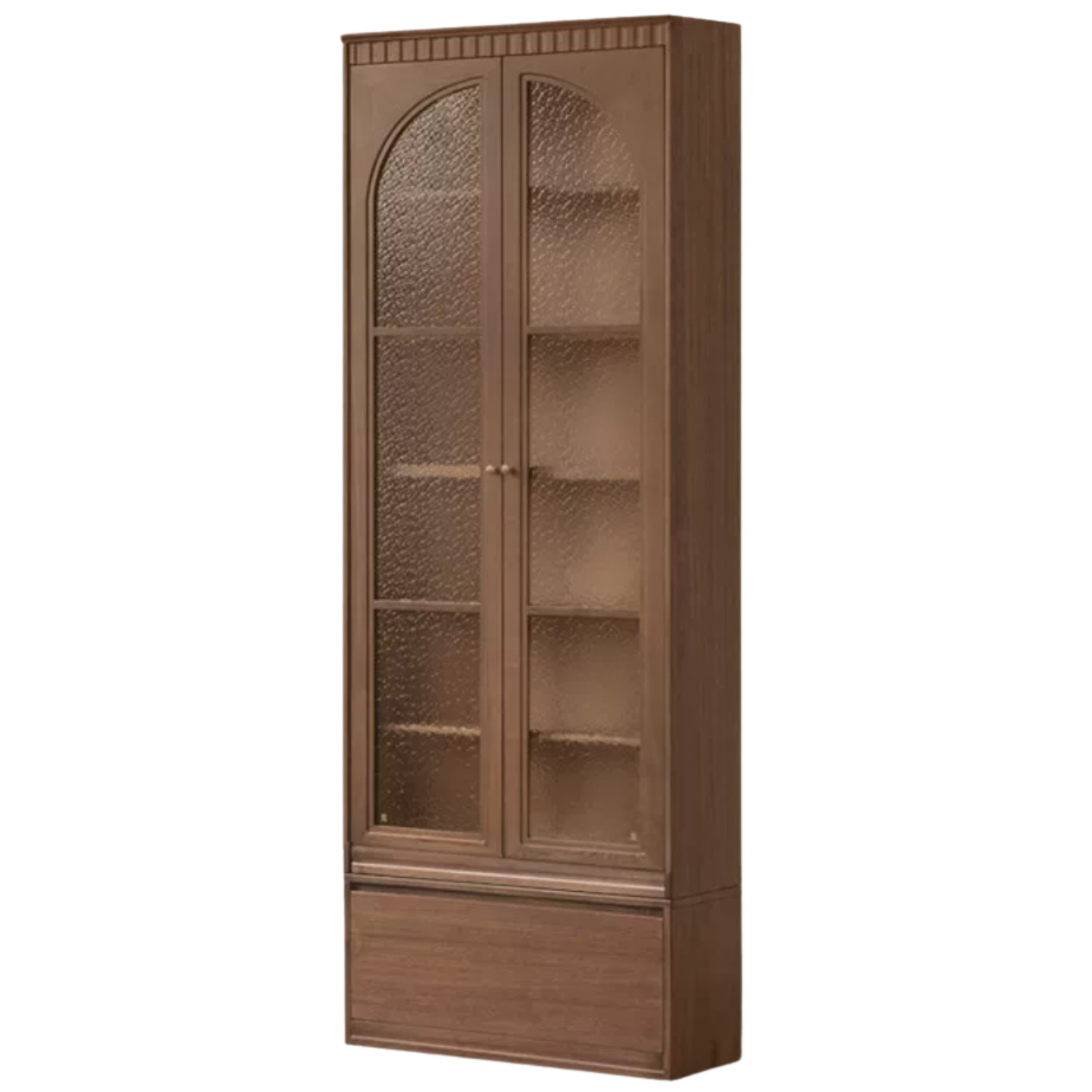 Black Walnut, Solid Sandalwood Arched Vintage Bookcase with Glass Door and Storage Drawer