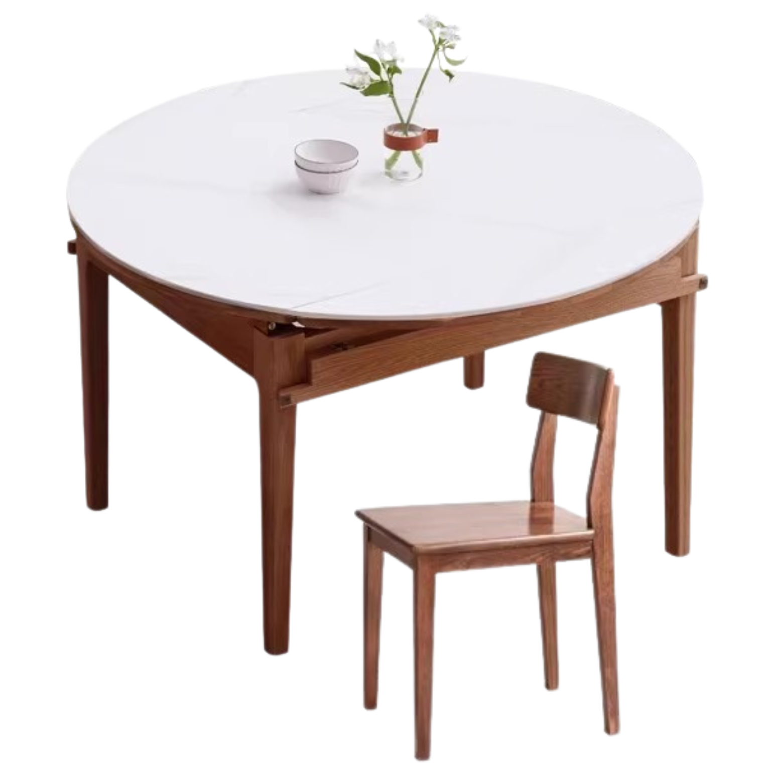 Oak solid wood Round folding dining table with rock slab surface,