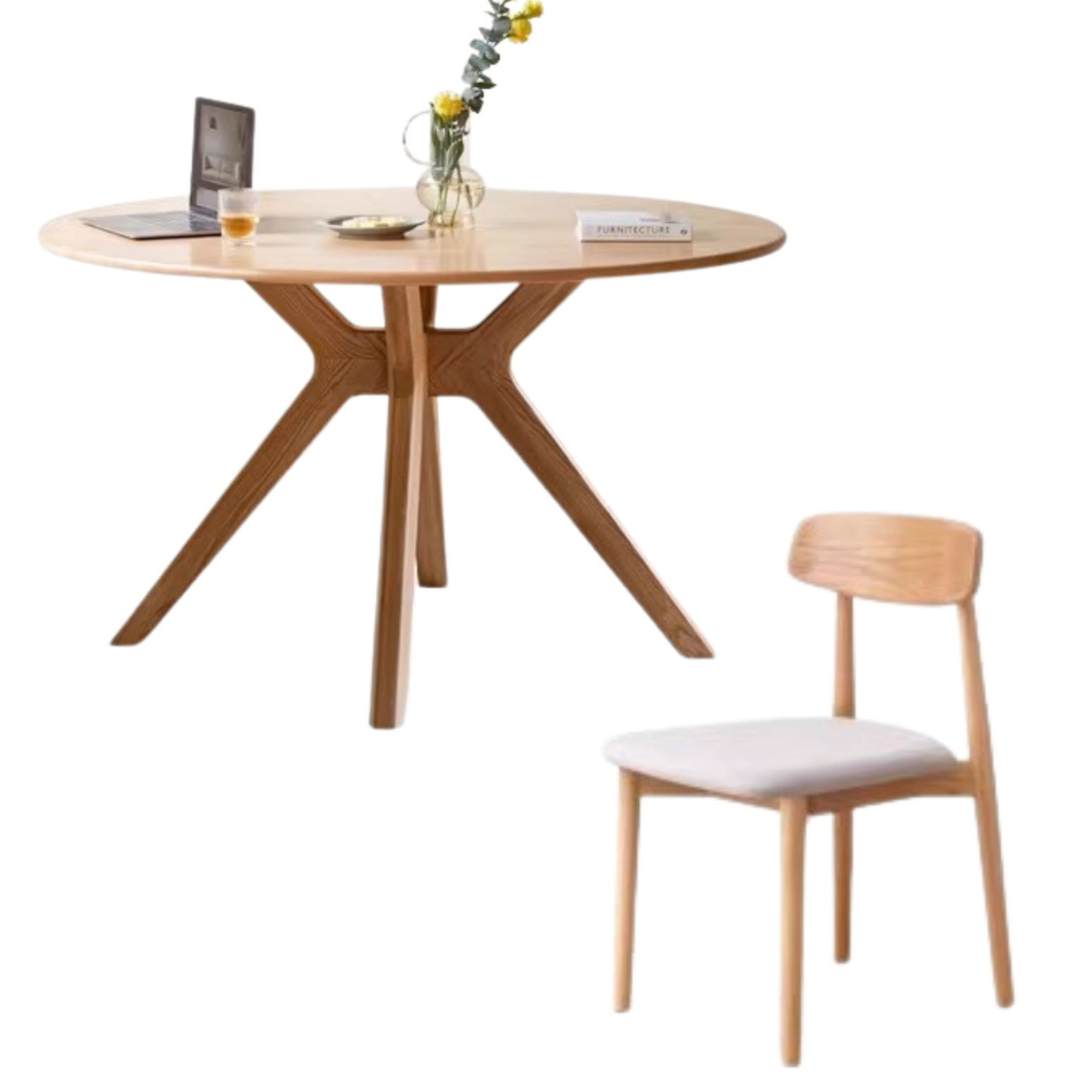 Oak solid Wood Round Nordic dining table with rock slab surface,