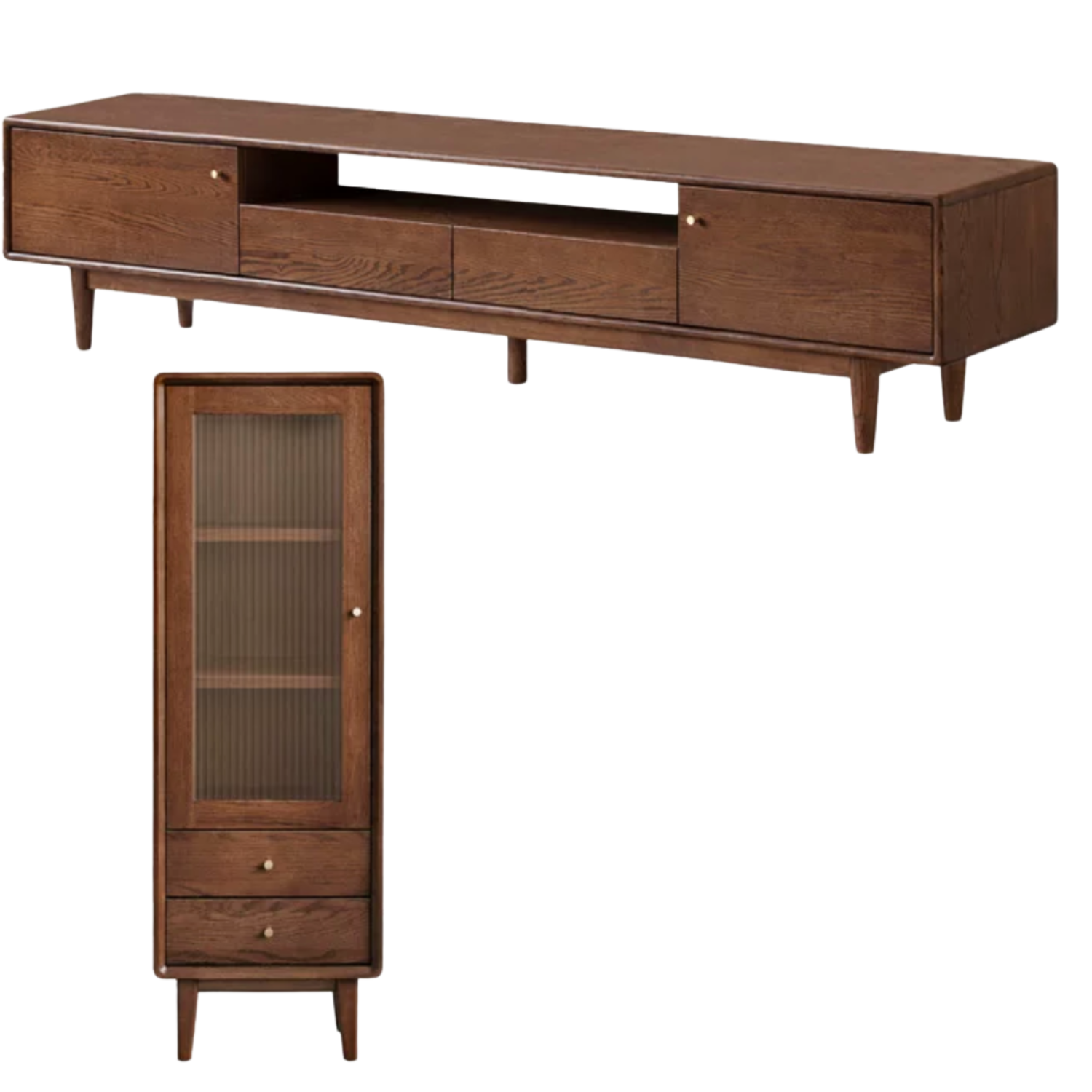 Oak Solid Wood Mid-Century TV Console with Tapered Legs