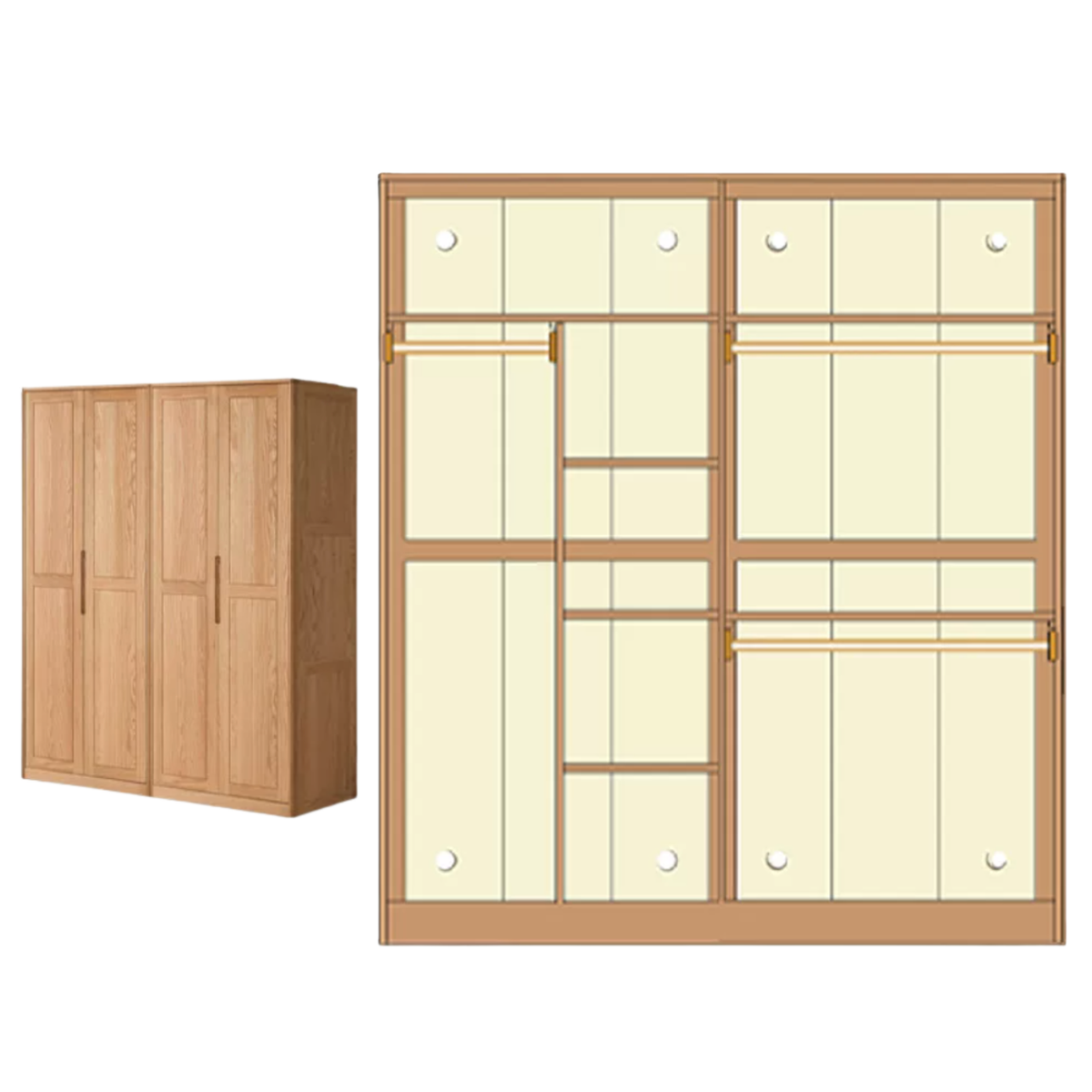 Oak Solid Wood narrow Wardrobe with Framed Panel Doors and Adjustable Layout