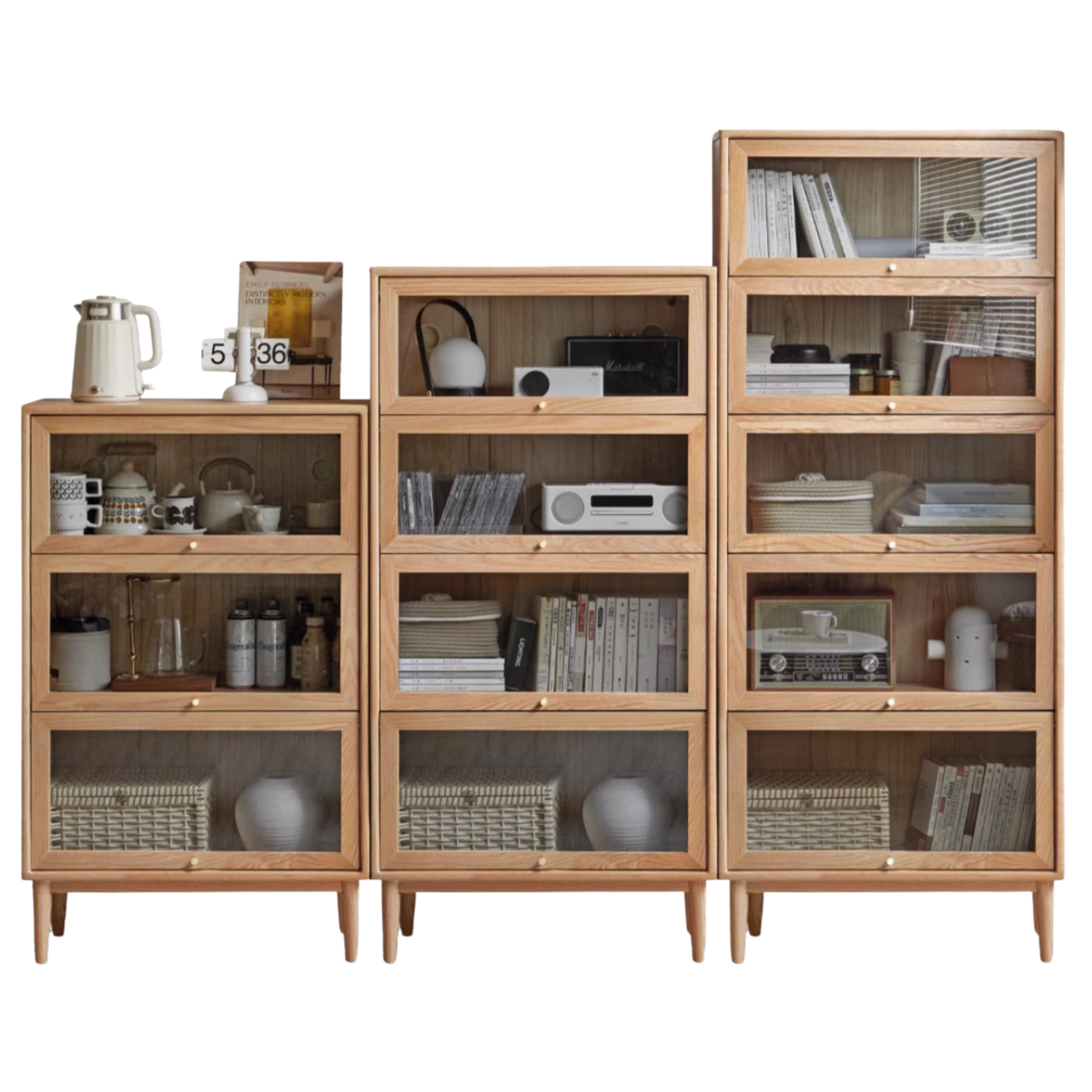 Solid Rubberwood, Oak Solid Wood Multi layer Flip Door Glass Bookcase