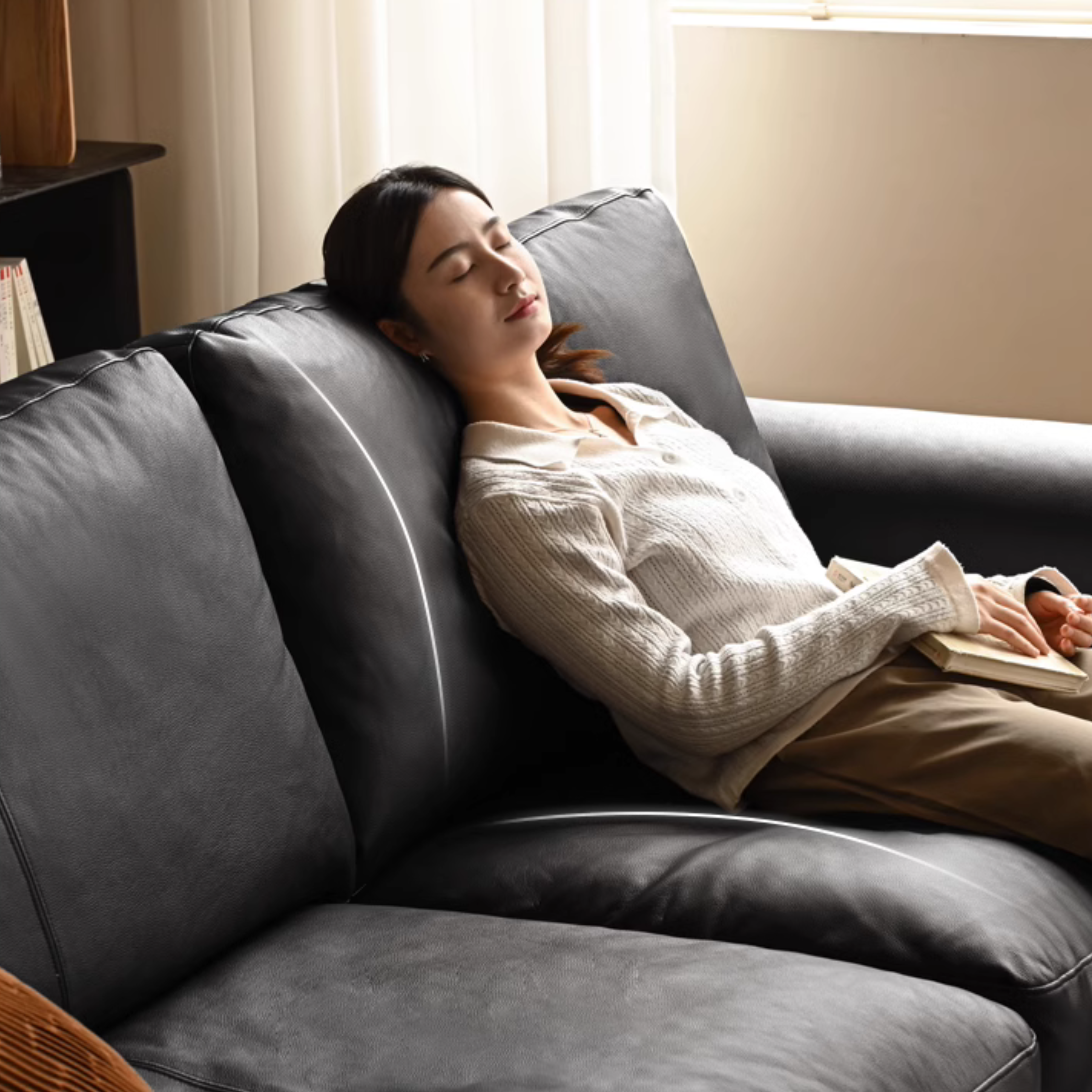 Oak Solid Wood Genuine Leather Sofa