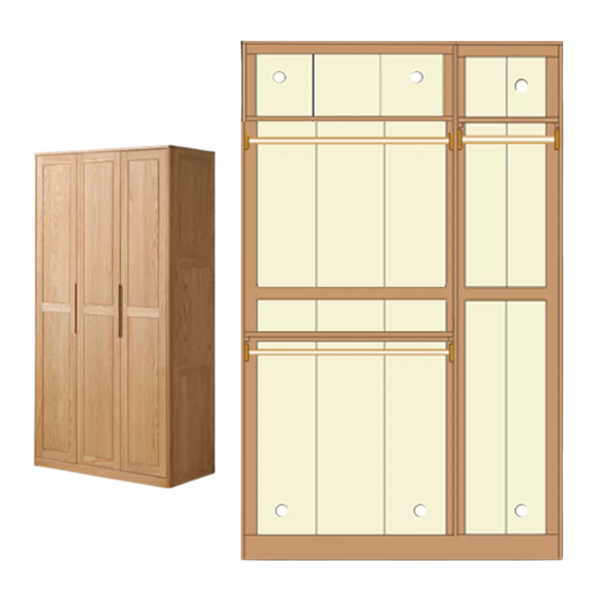 Oak Solid Wood narrow Wardrobe with Framed Panel Doors and Adjustable Layout