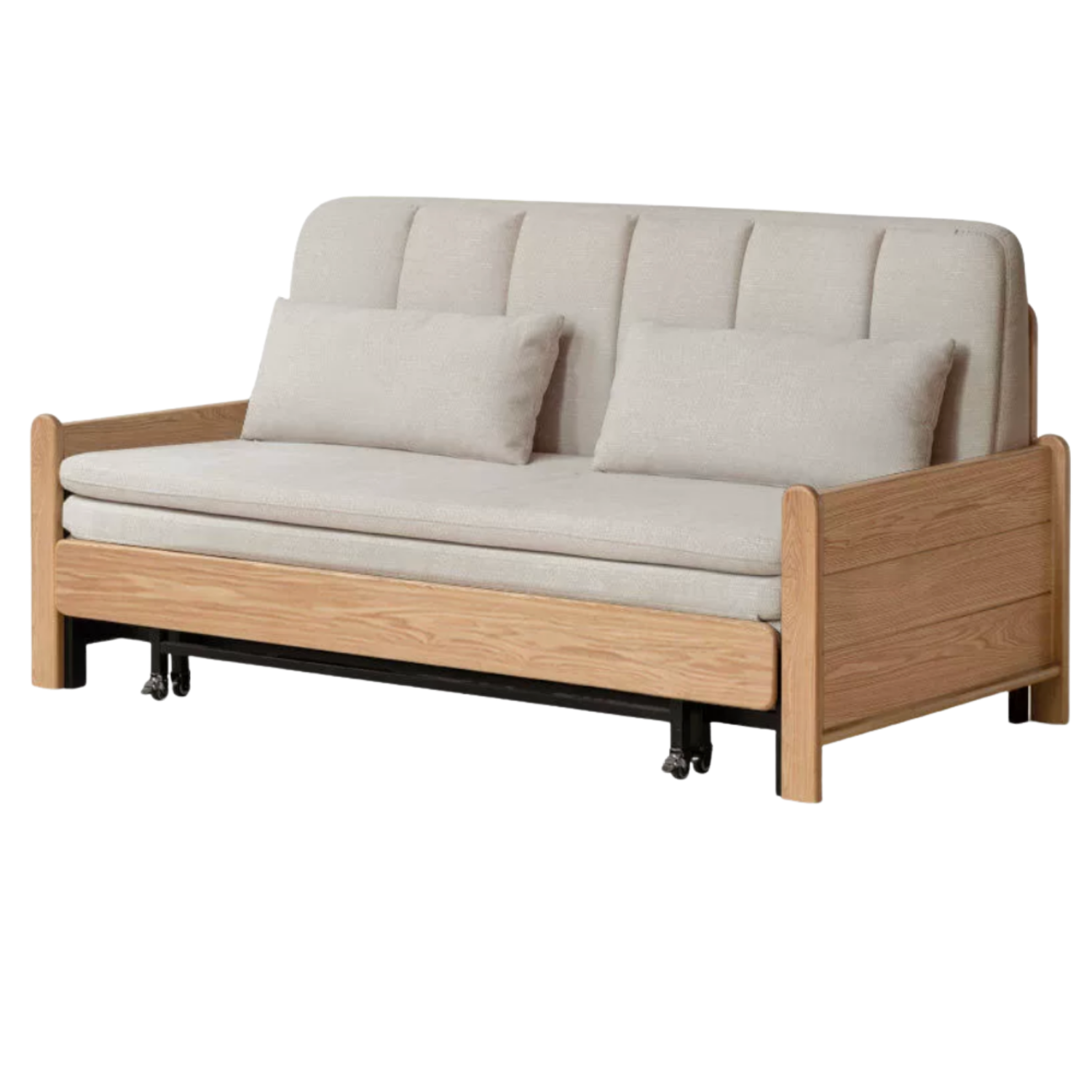 Ash, Oak Solid Wood Sleeper Sofa with Solid Wood Armrests and Built-In Wheels