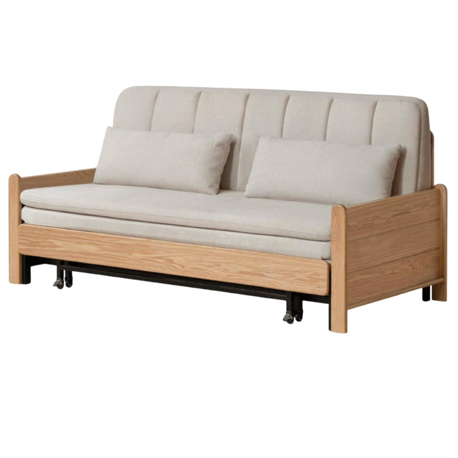 Ash, Oak Solid Wood Sleeper Sofa with Solid Wood Armrests and Built-In Wheels