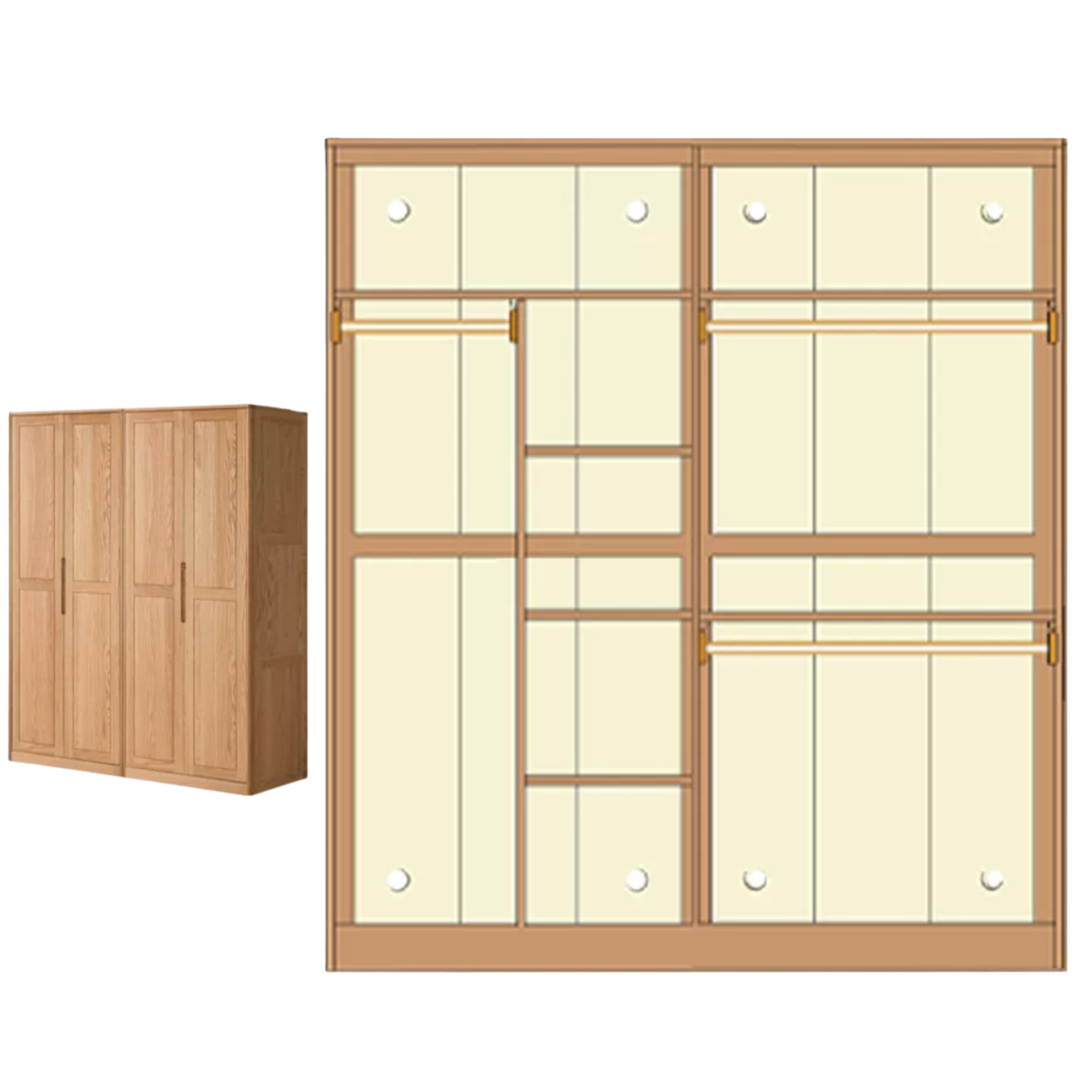 Oak solid wood Wardrobe with Flat Panel Doors and Groove Handles