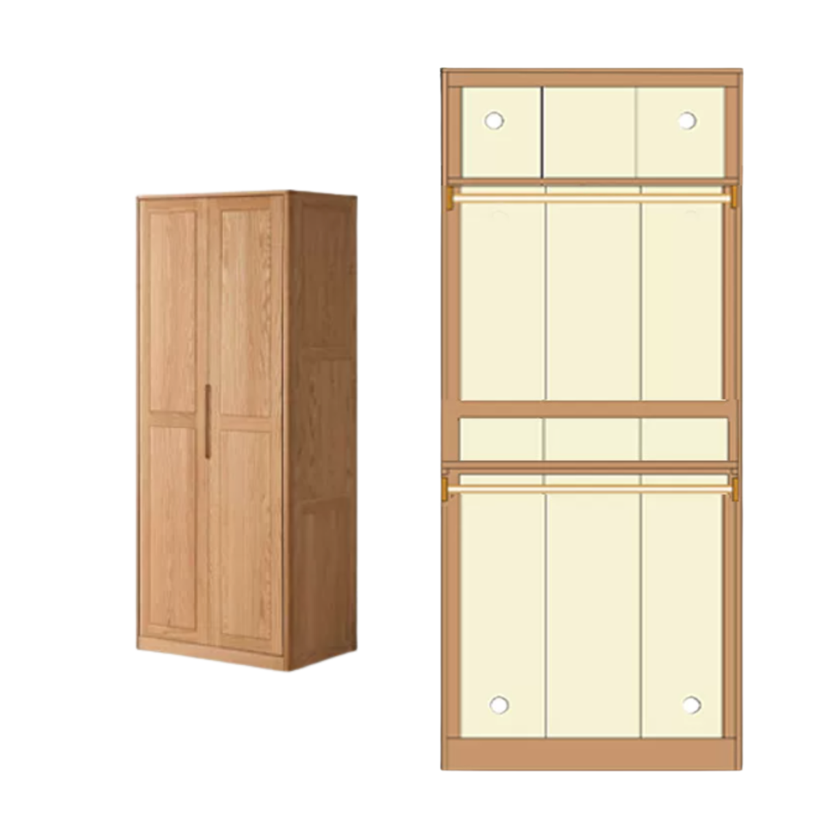 Oak Solid Wood narrow Wardrobe with Framed Panel Doors and Adjustable Layout