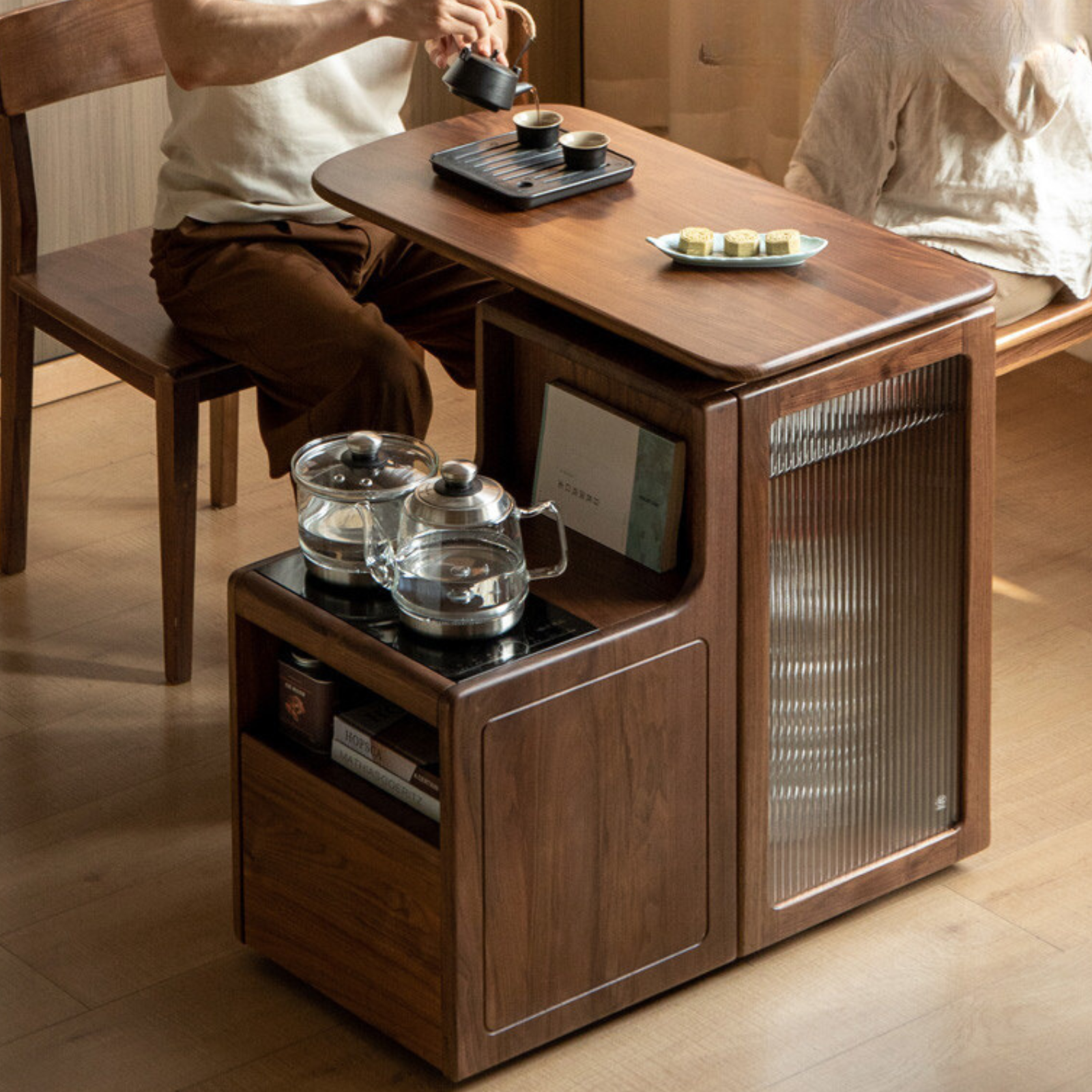 Black walnut, Oak solid wood movable tea cabinet with tea maker: