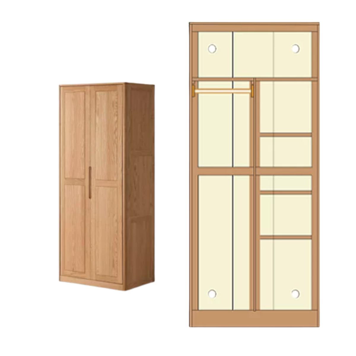 Oak Solid Wood narrow Wardrobe with Framed Panel Doors and Adjustable Layout