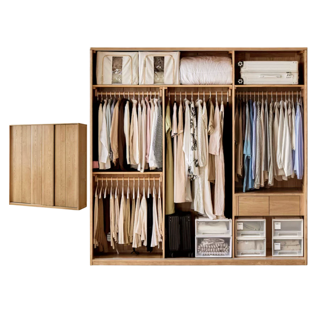 Ash Solid Wood Sliding Door Wardrobe with Built-In Shelves and Drawers