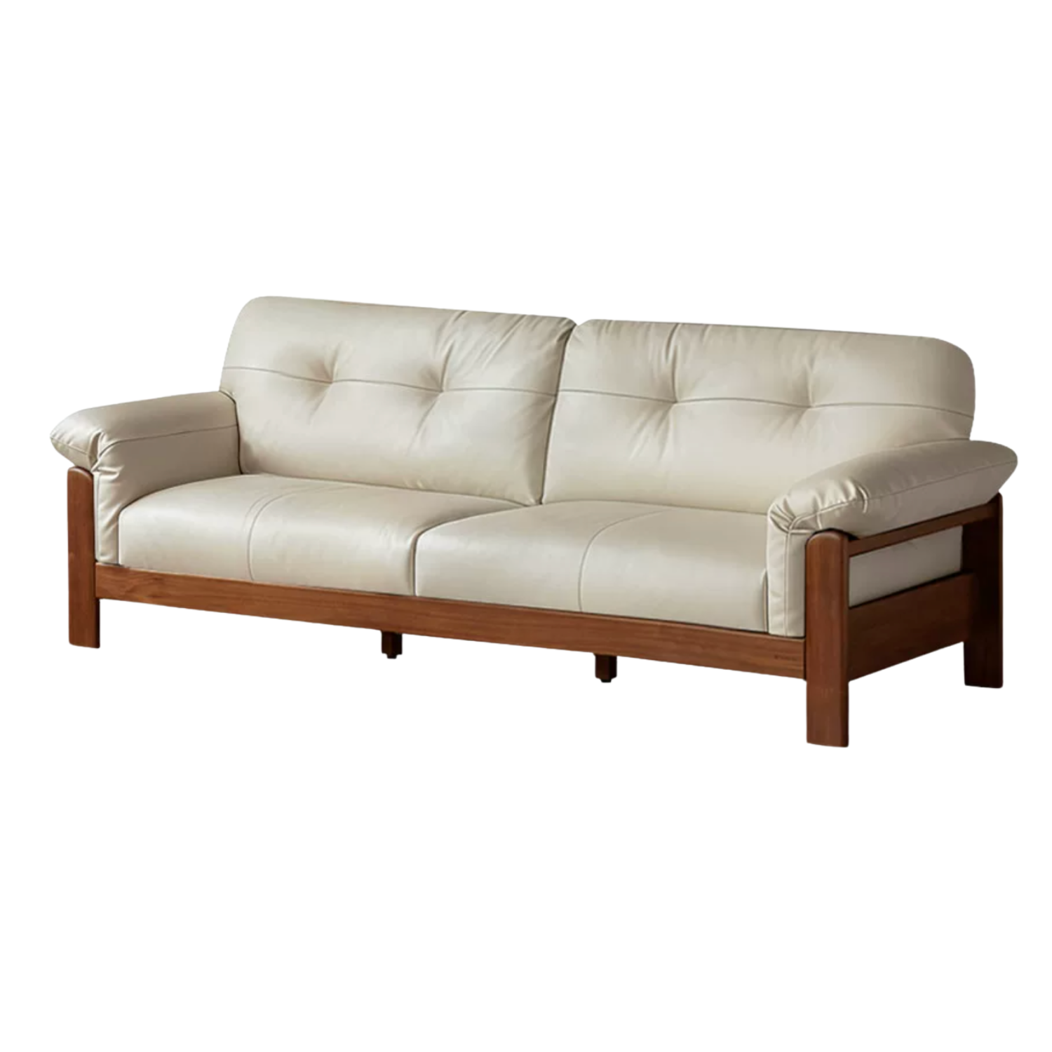 Black Walnut, Ash Solid Wood Genuine Leather, fabric Exposed Frame Sofa with Tufted Cushions