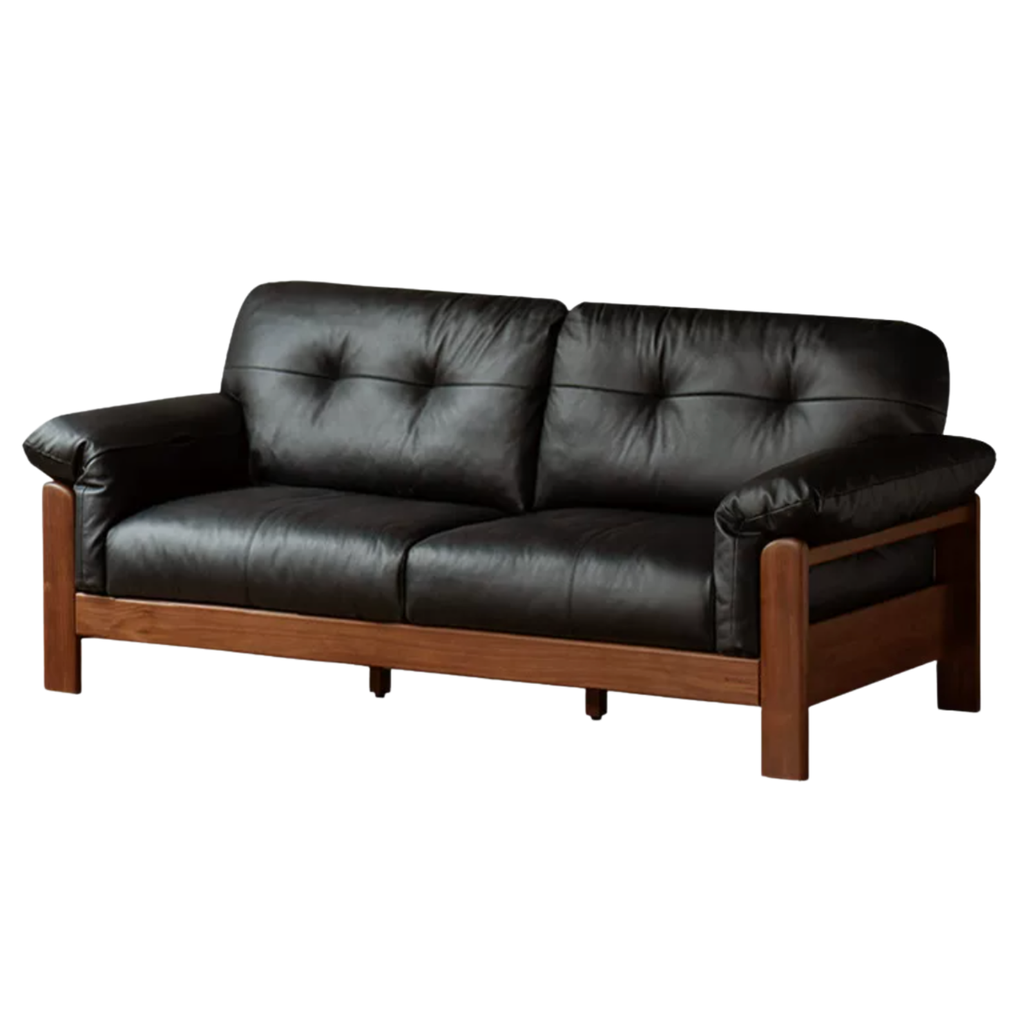 Black Walnut, Ash Solid Wood Genuine Leather, fabric Exposed Frame Sofa with Tufted Cushions