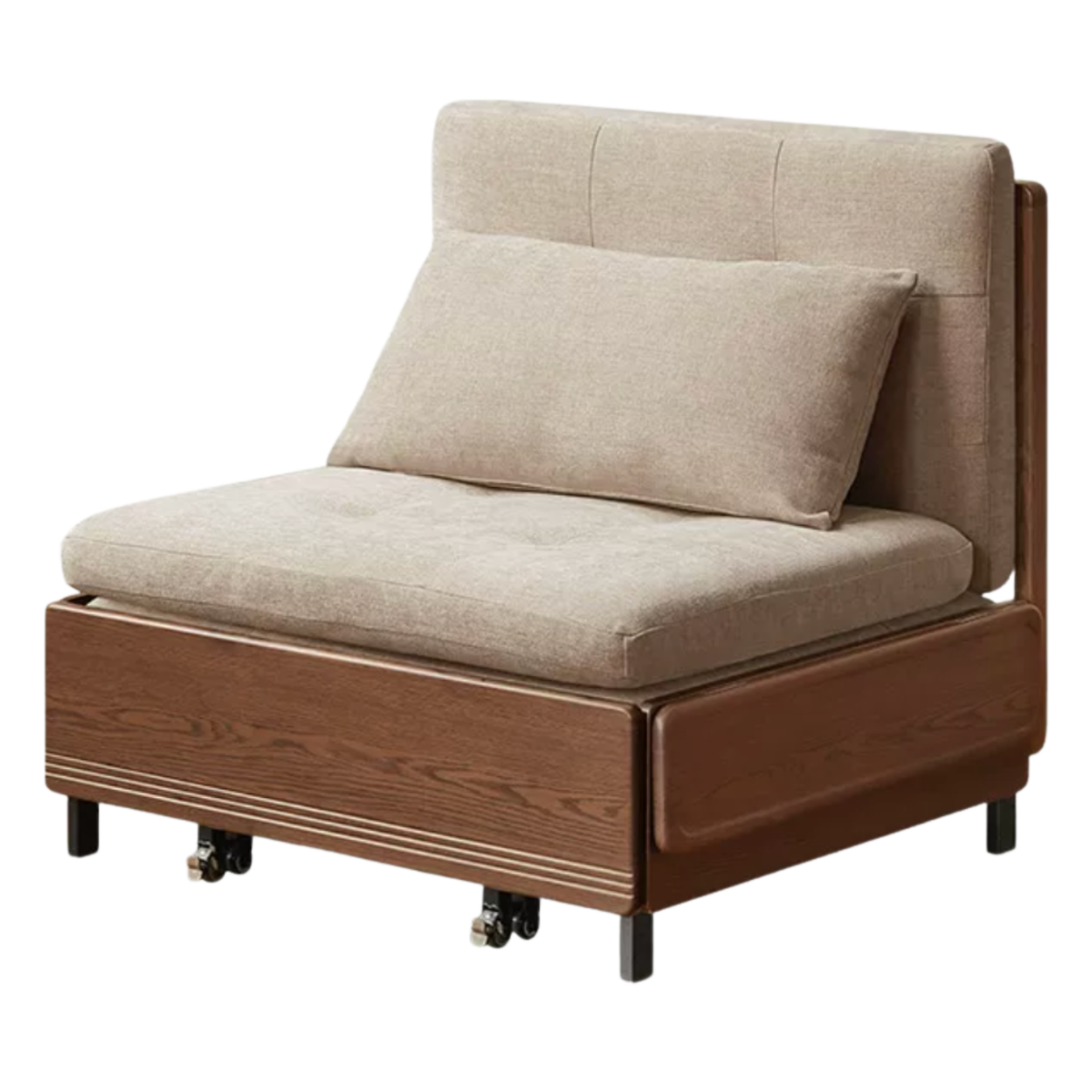 Oak Solid Wood Sleeper Sofa Chair Bed with Attached Fold-Out Side Tray