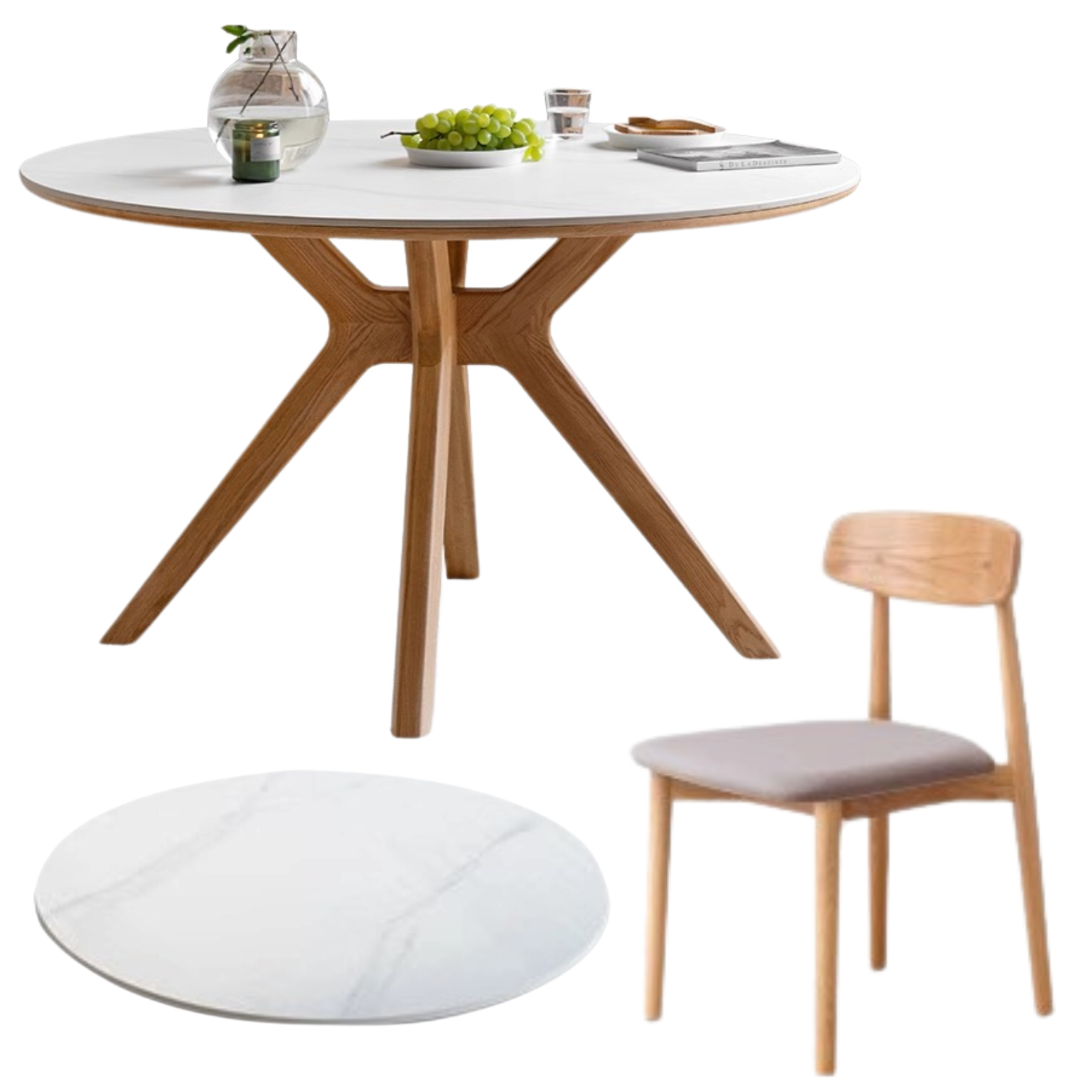 Oak solid Wood Round Nordic dining table with rock slab surface,