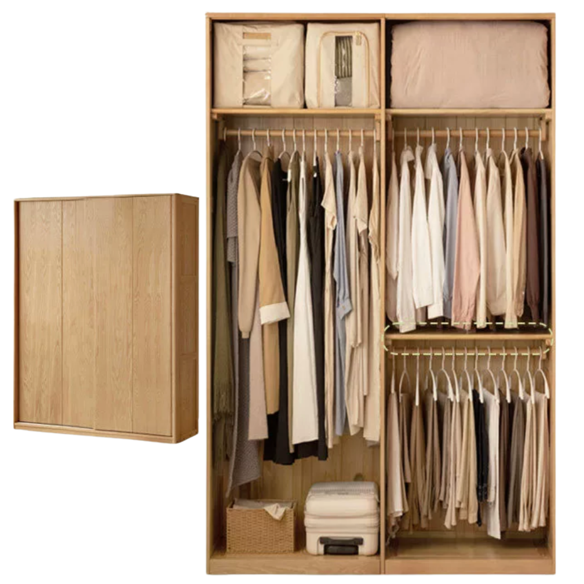 Ash Solid Wood Sliding Door Wardrobe with Built-In Shelves and Drawers