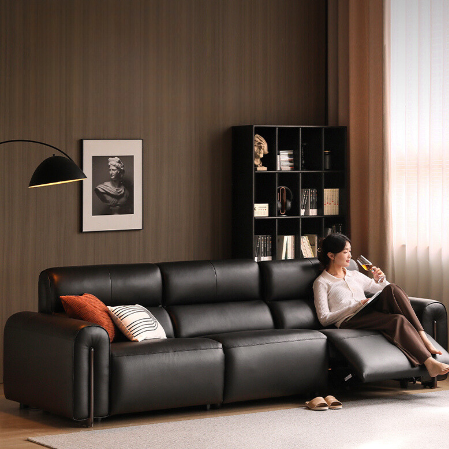 Leather electric Italian zero wall black leather sofa