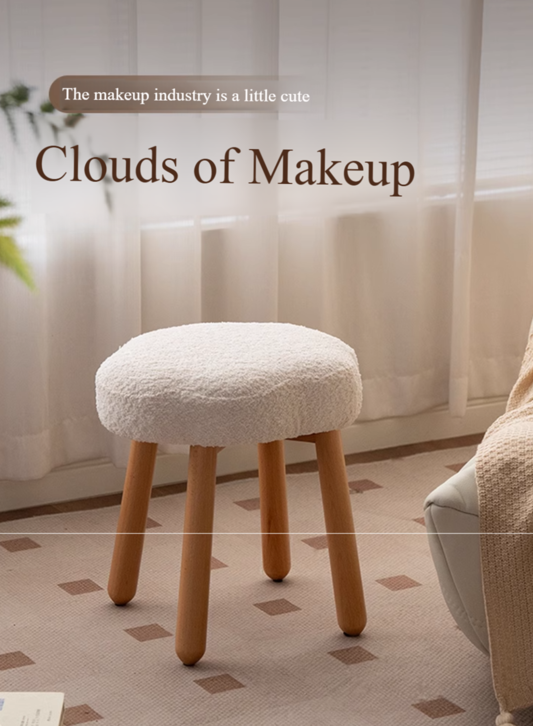 Beech Solid Wood, Solid RubberWood Nordic Lamb Velvet Cloud Makeup Stool.
