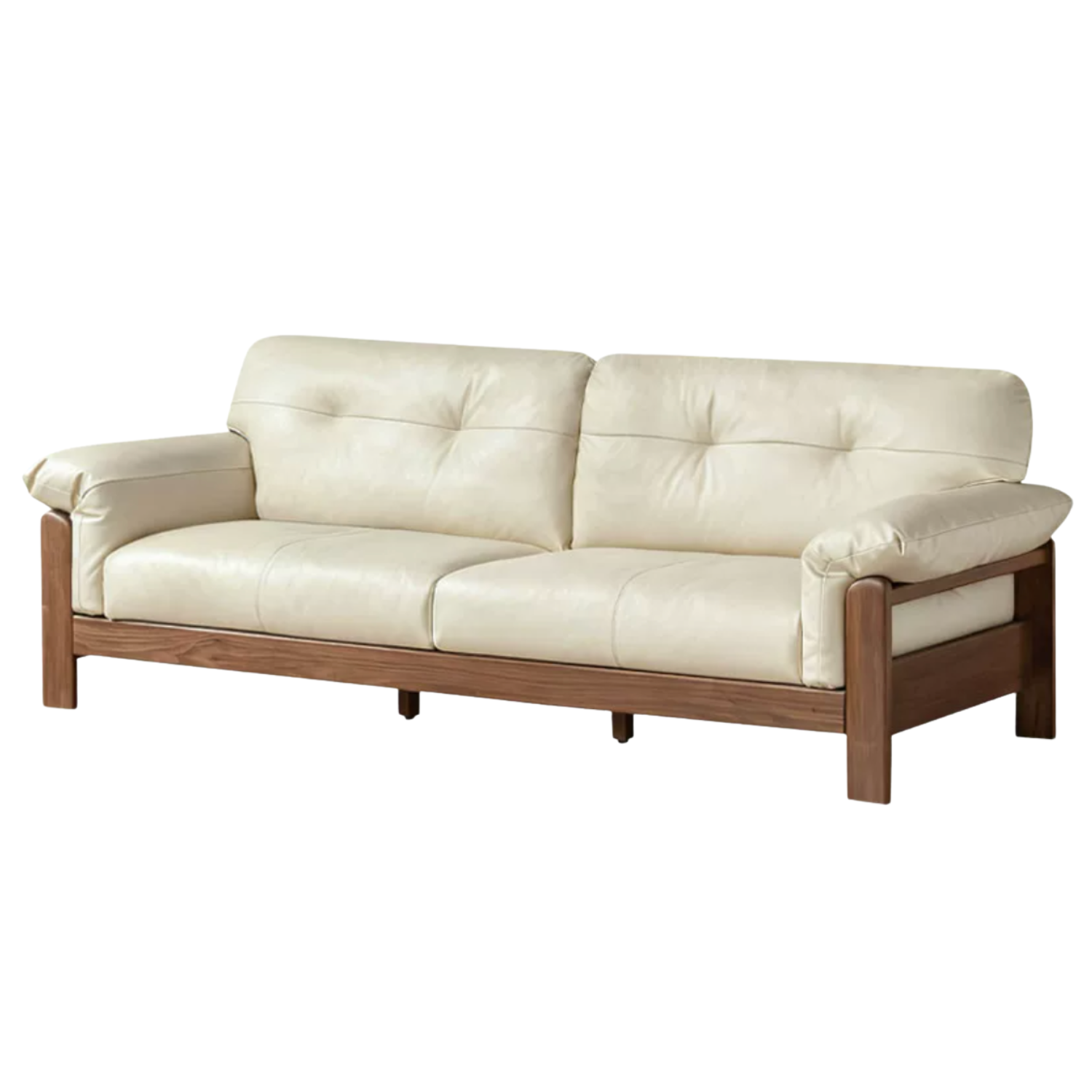 Black Walnut, Ash Solid Wood Genuine Leather, fabric Exposed Frame Sofa with Tufted Cushions