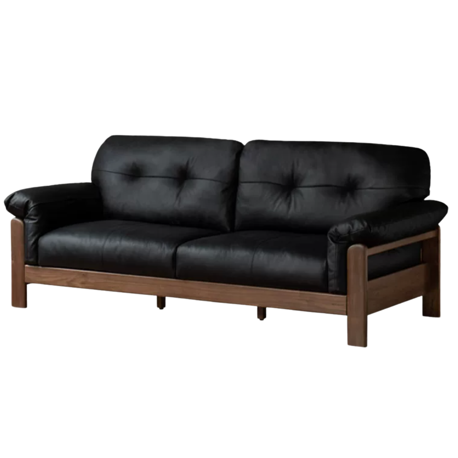 Black Walnut, Ash Solid Wood Genuine Leather, fabric Exposed Frame Sofa with Tufted Cushions