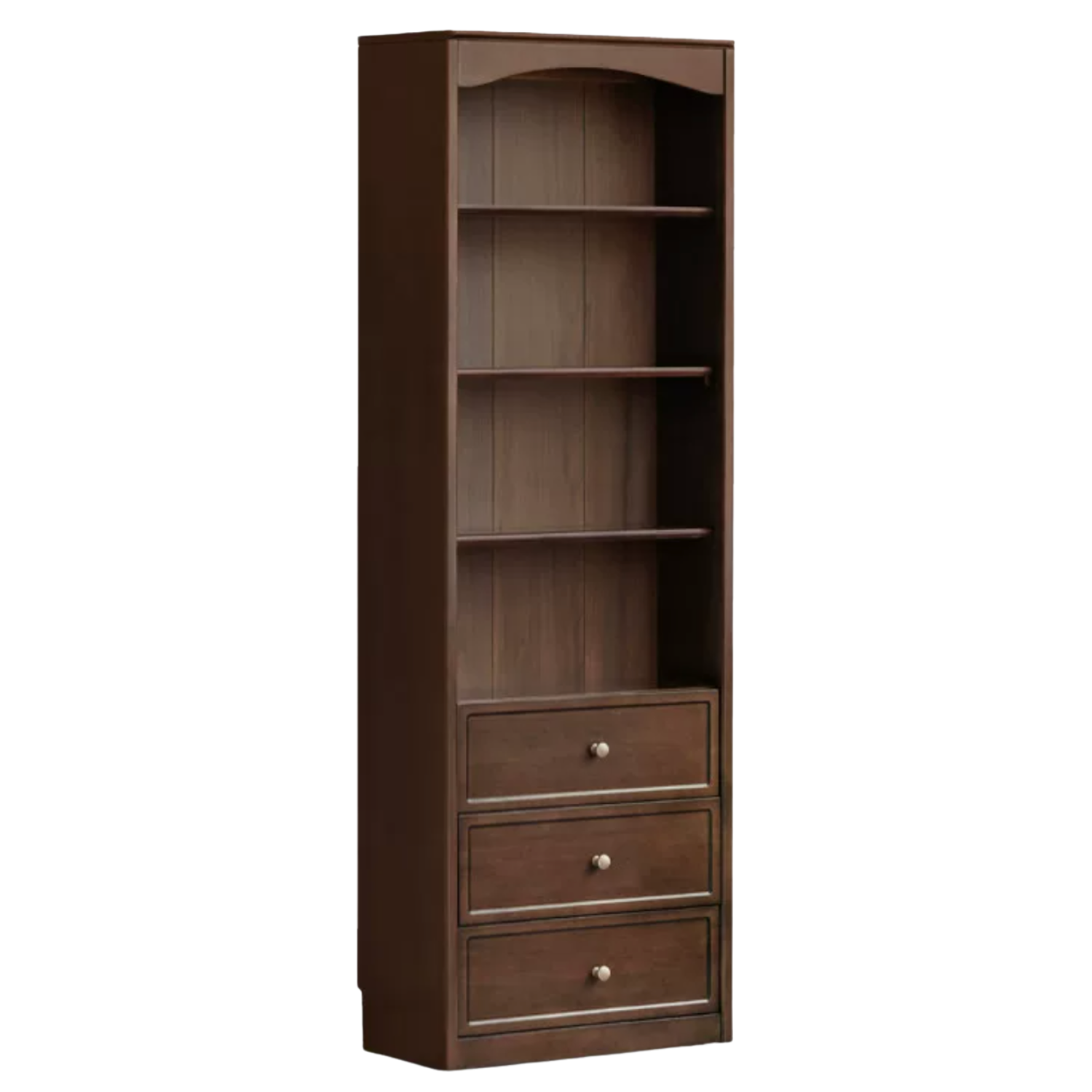 Black Walnut, Poplar Solid Wood French Country Bookcase with Arched Crown and Glass Doors