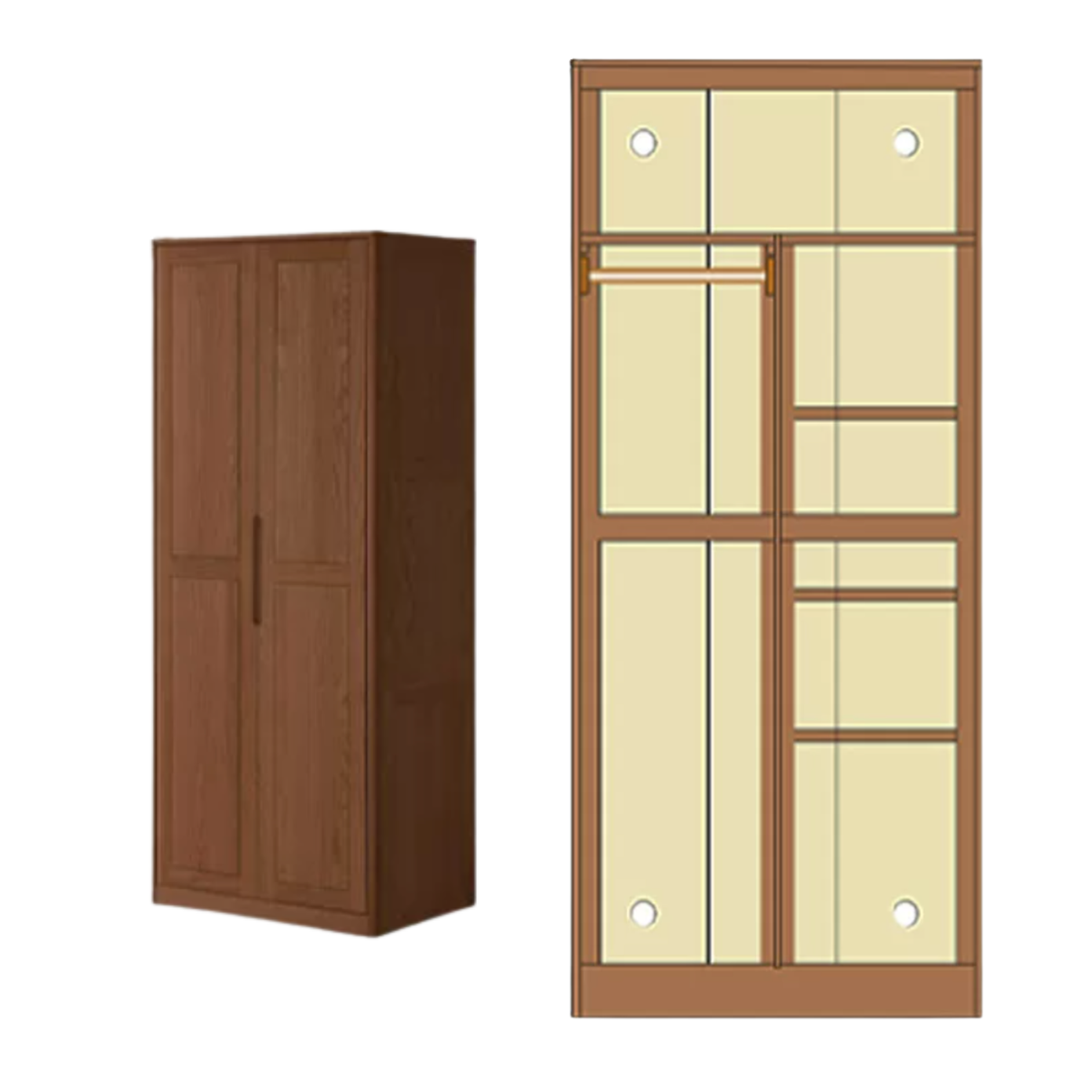 Oak Solid Wood narrow Wardrobe with Framed Panel Doors and Adjustable Layout