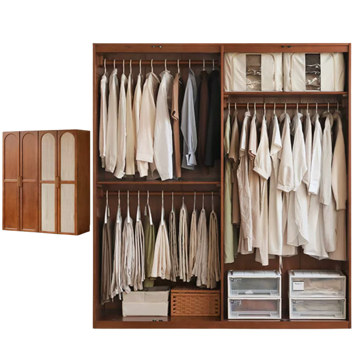 Tulipwood Solid Wood Vintage Arched Wardrobe with Bar Pulls