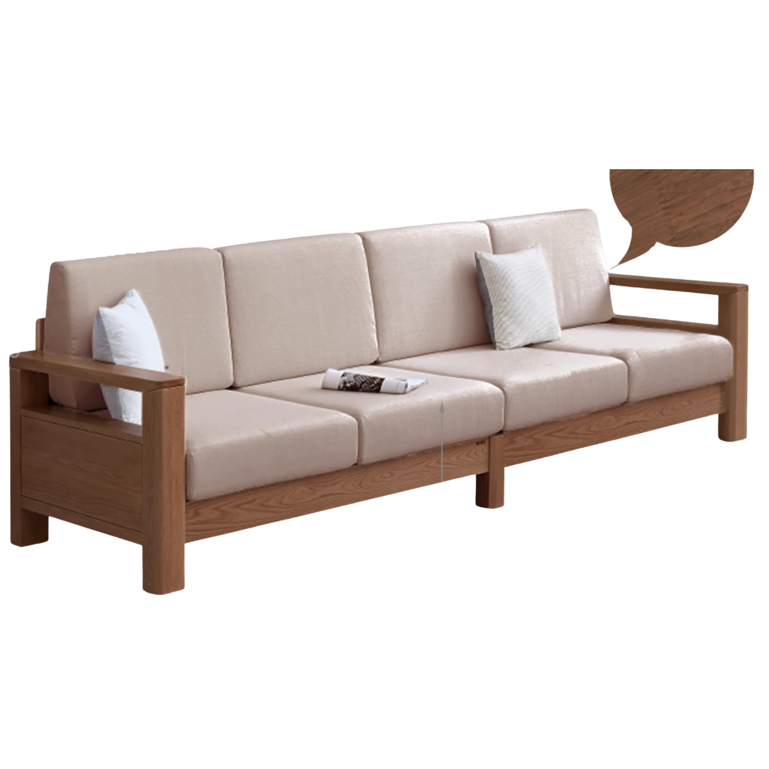 Oak, Solid Rubberwood Walnut Color Fabric Sofa.