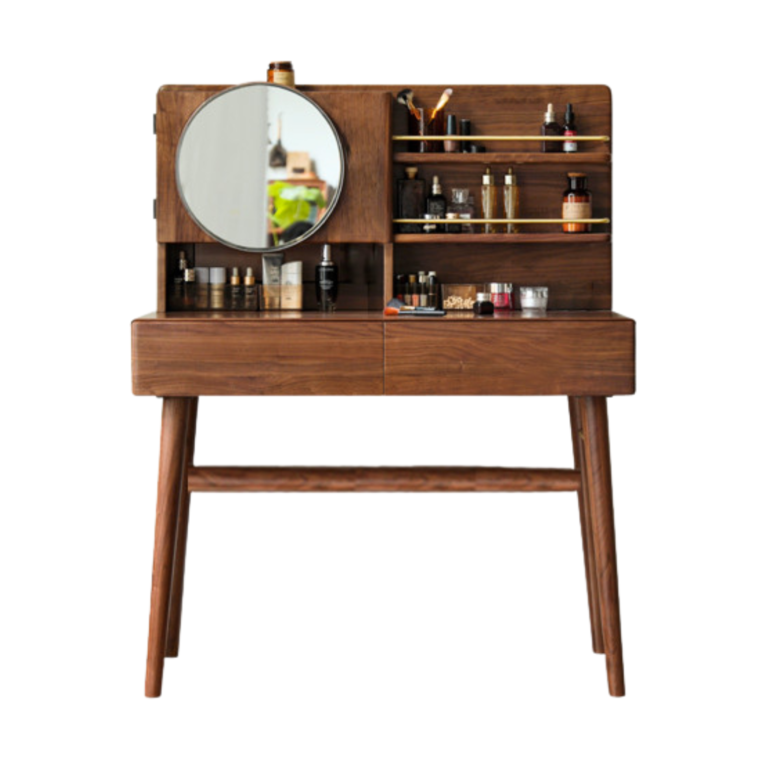 Black walnut solid wood makeup cabinet table with round mirror-