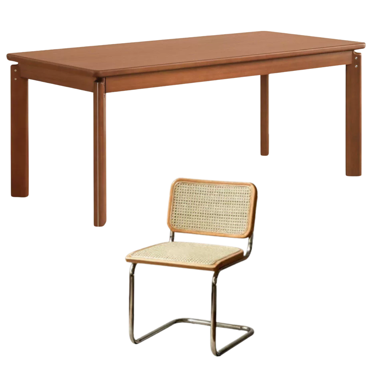 Poplar, Birch Solid Wood Mid-Century Dining Table with Metal Corner Braces, Optional 4 Chairs