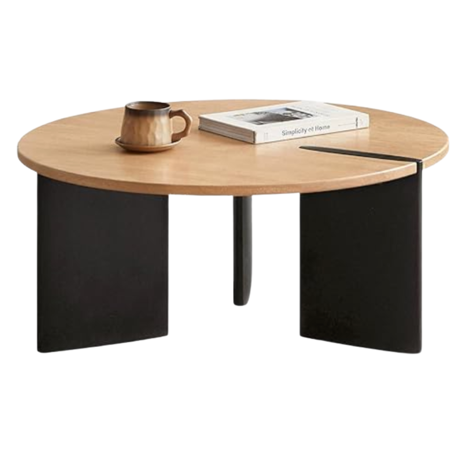 Oak Solid Wood Round Two-Tone Wood Nesting Coffee Table Set with Triangular Black Legs