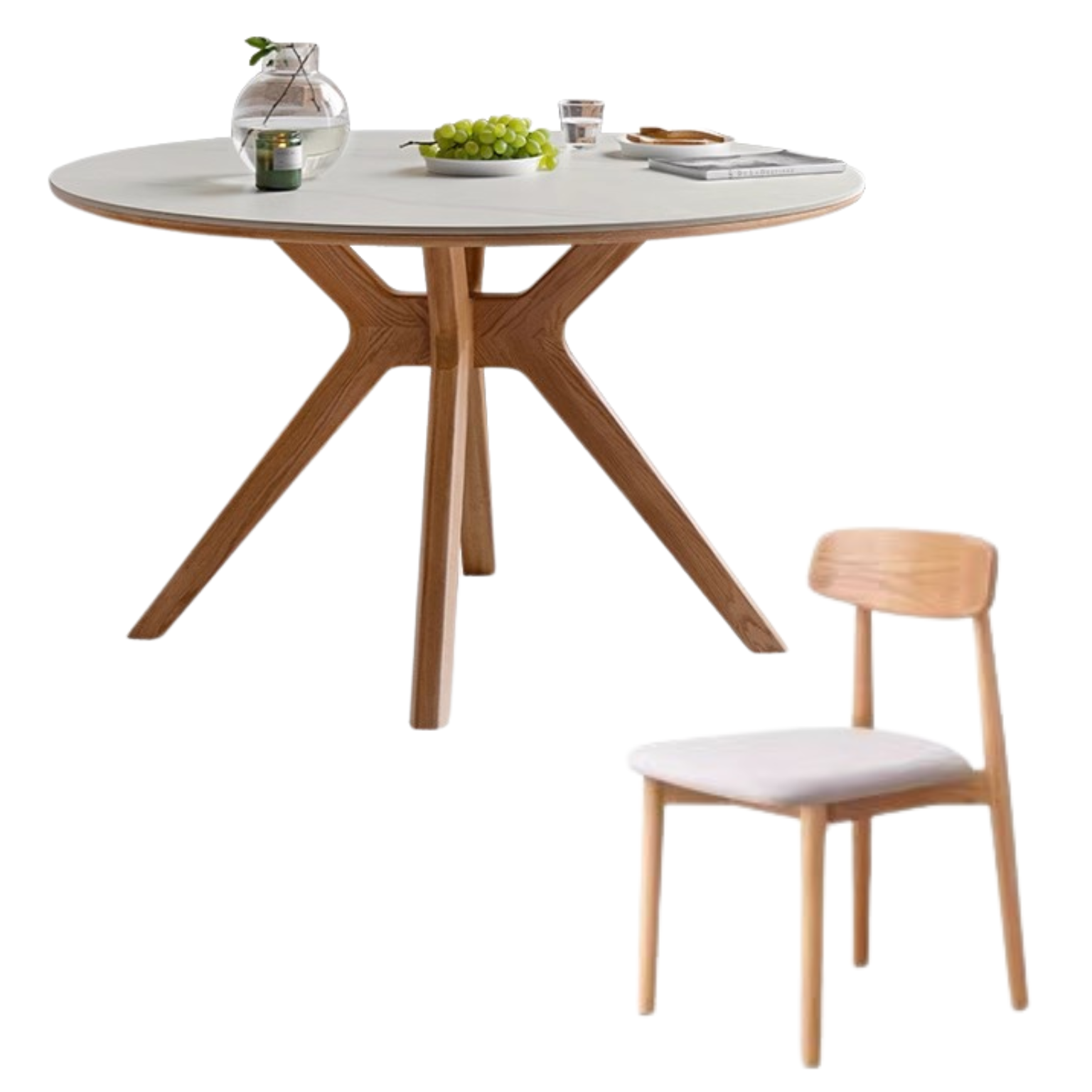 Oak solid Wood Round Nordic dining table with rock slab surface,