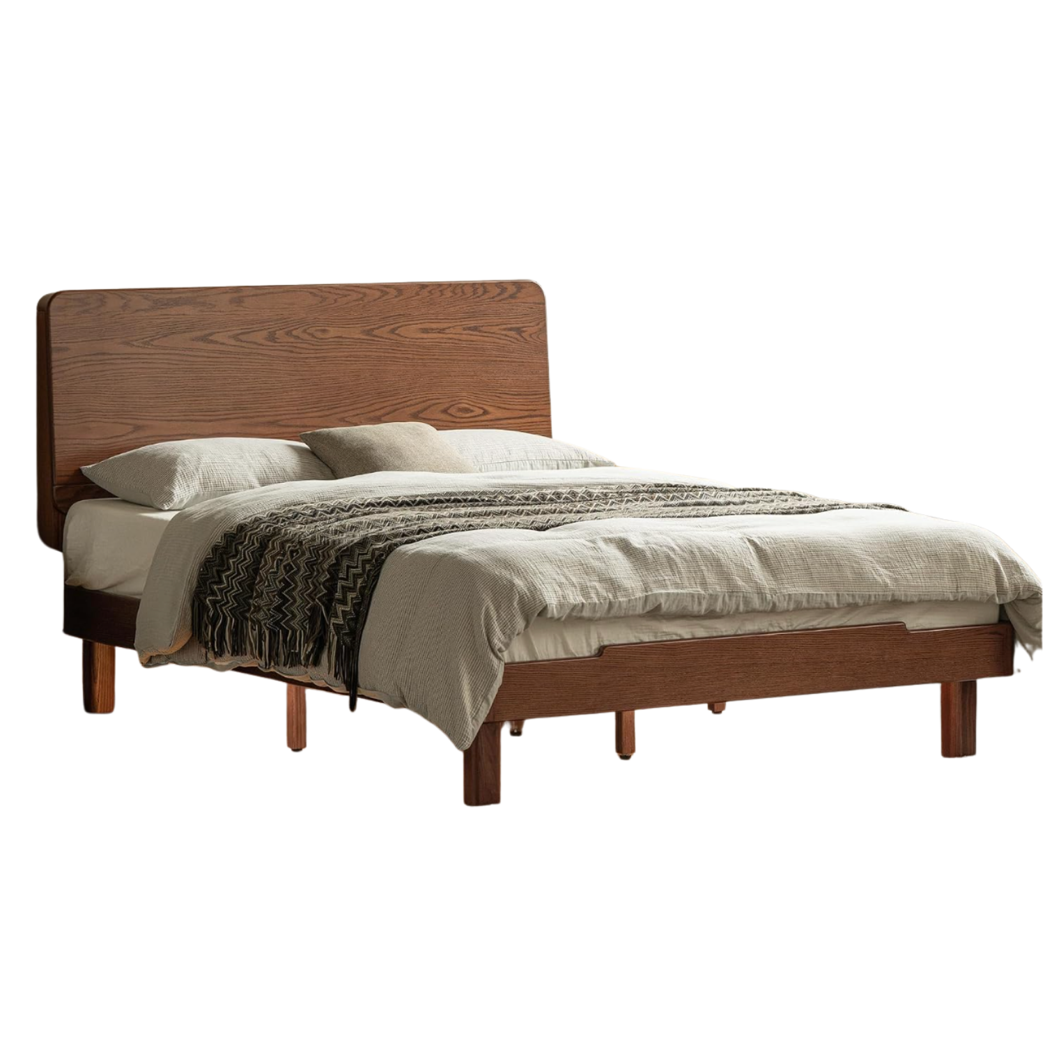 Oak Solid Wood Queen Floating Platform Bed with LED Lighting