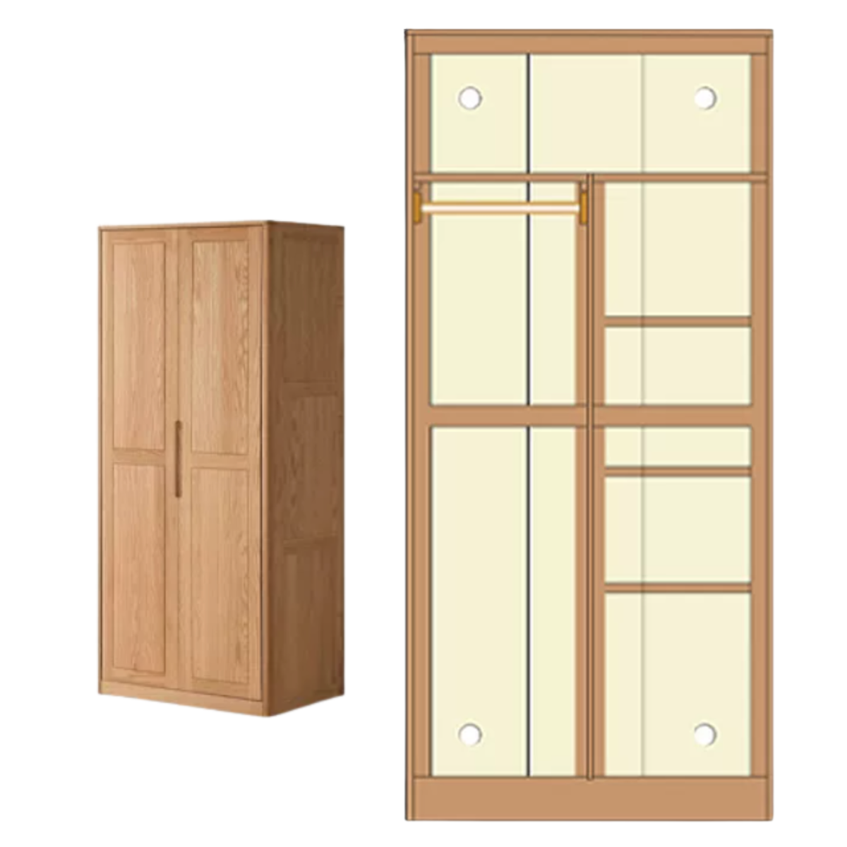 Oak Solid Wood narrow Wardrobe with Framed Panel Doors and Adjustable Layout