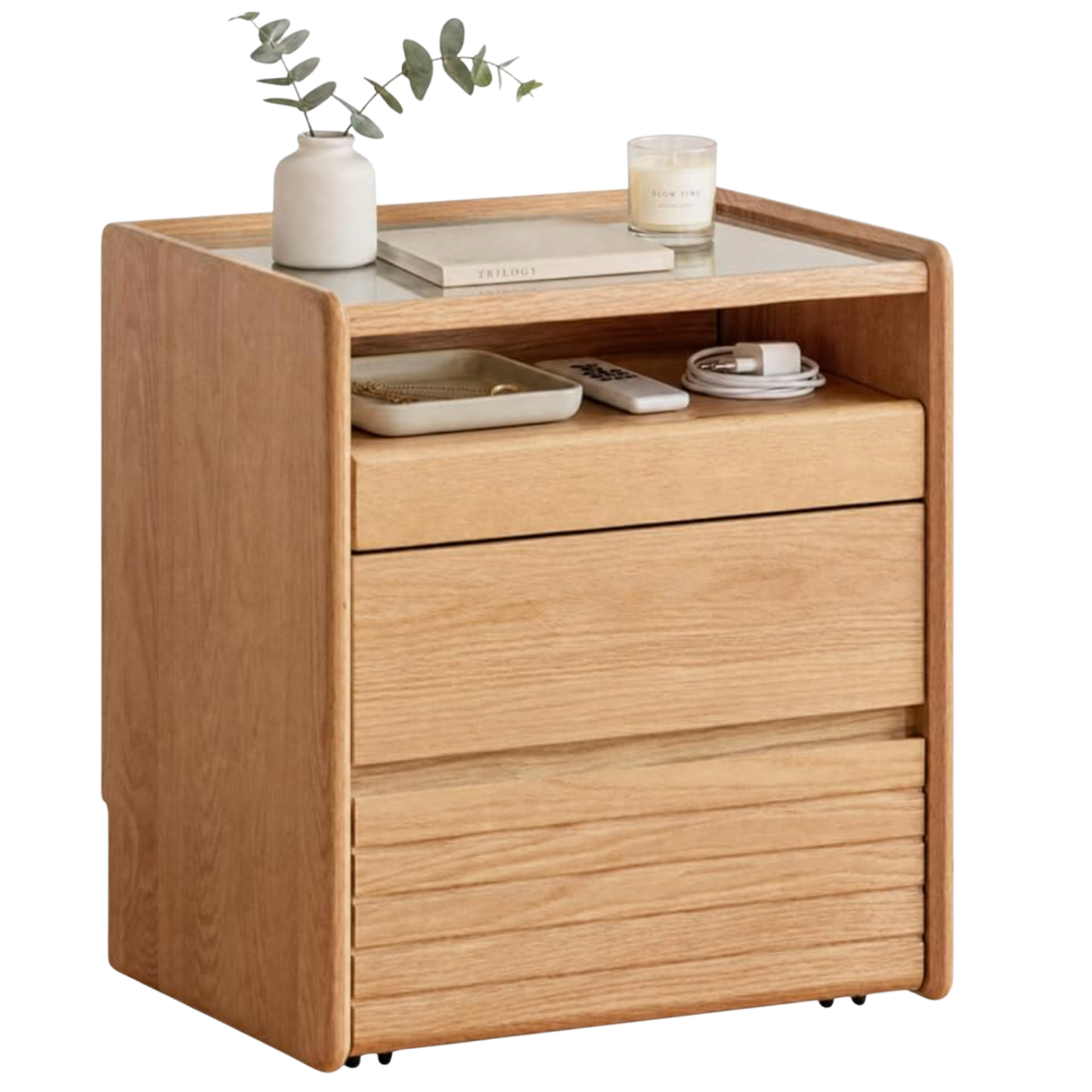 Oak Solid Wood Nightstand with Glass Top, Pull-Out Tray and Drawers