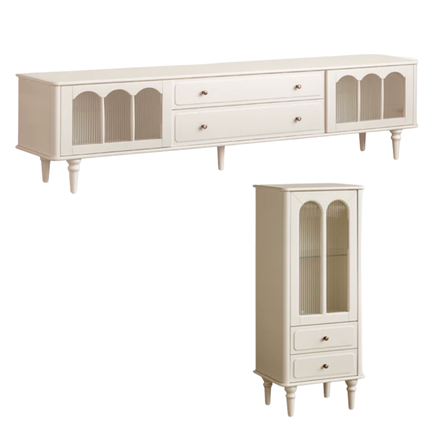 Solid Rubberwood TV Cabinet French Cream Style and Integrated Storage
