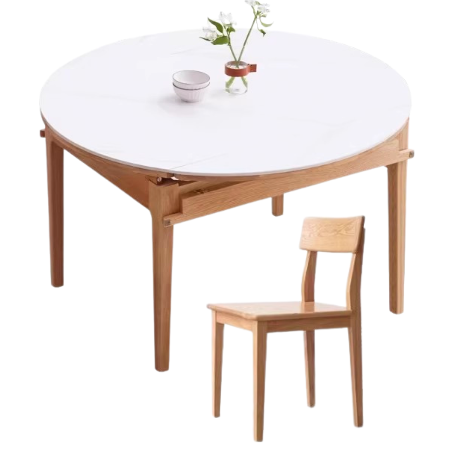 Oak solid wood Round folding dining table with rock slab surface,