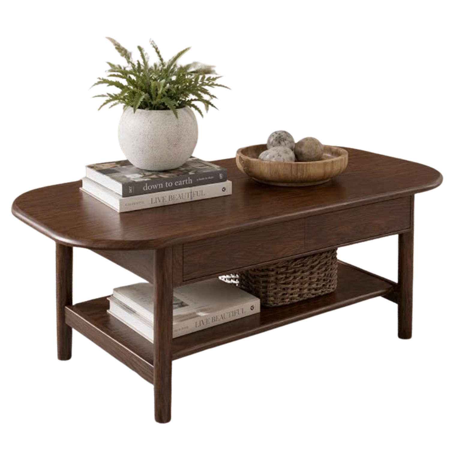 Oak Solid Wood Coffee Table with Integrated Drawer Storage