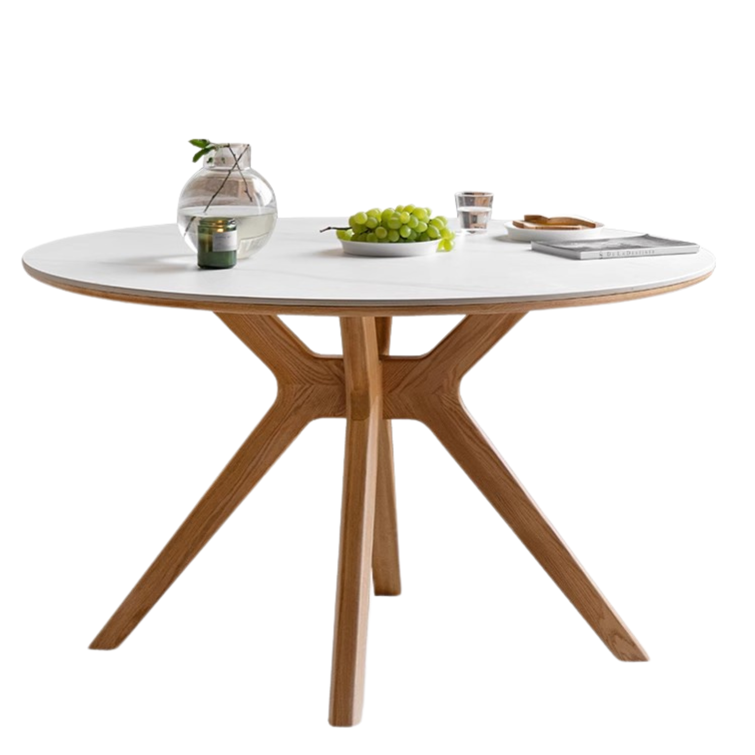 Oak Solid Wood Round Nordic Dining Table With Rock Slab Surface