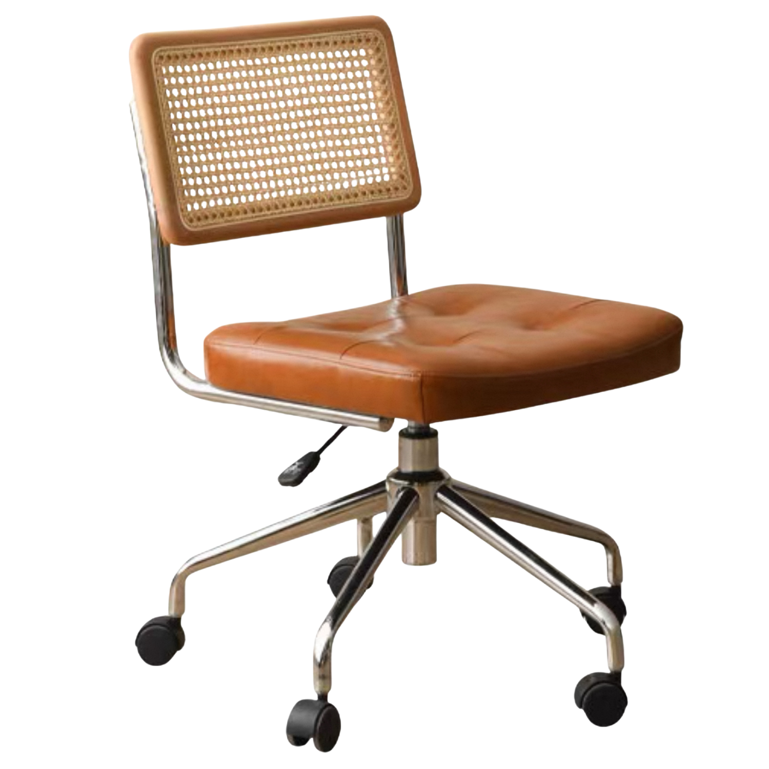 Rattan Swivel Office Chair with Leather Upholstered Seat and Chrome Frame Design