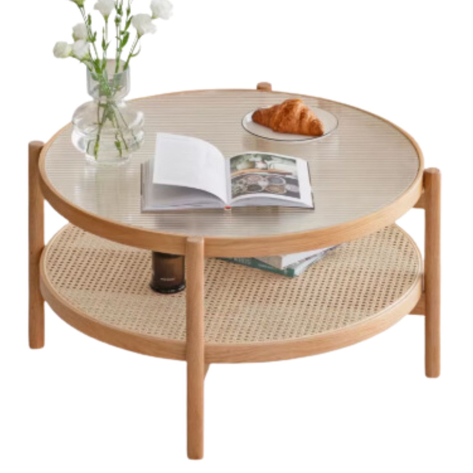 Oak Solid Wood, Glass, Rattan Coffee Table