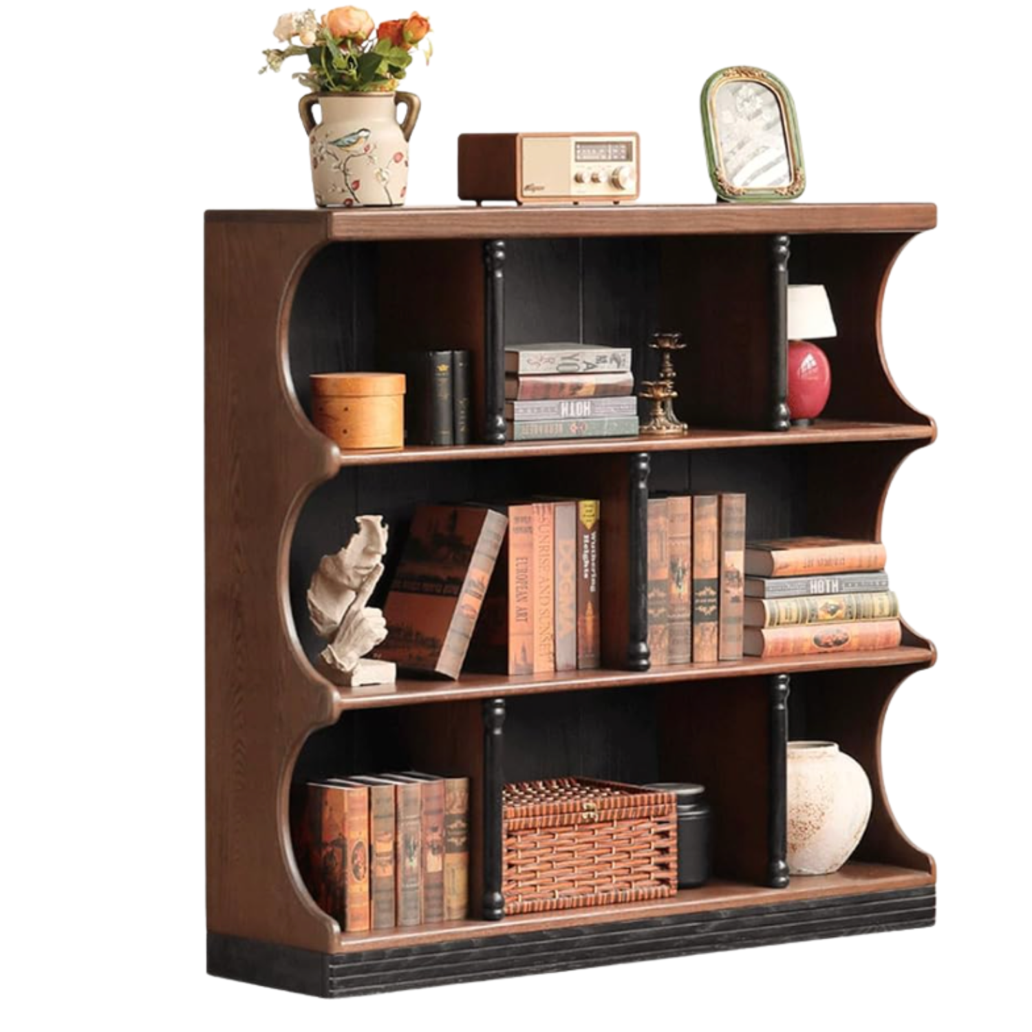 Oak solid wood Open Shelf Bookcase with Curved Scalloped Side Panels