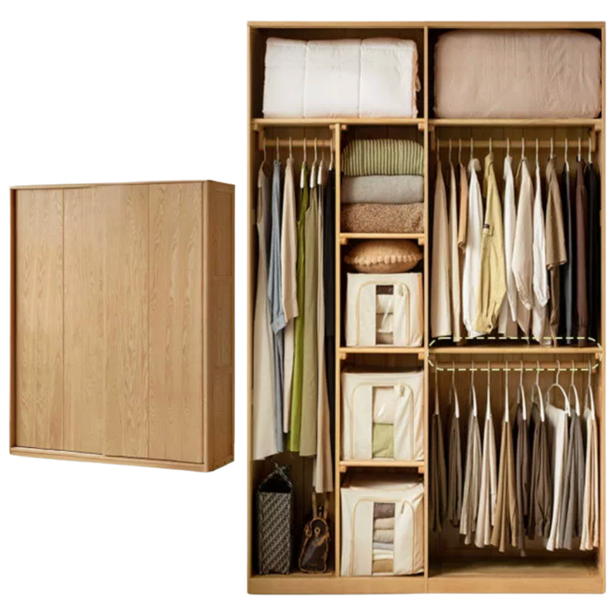 Ash Solid Wood Sliding Door Wardrobe with Built-In Shelves and Drawers