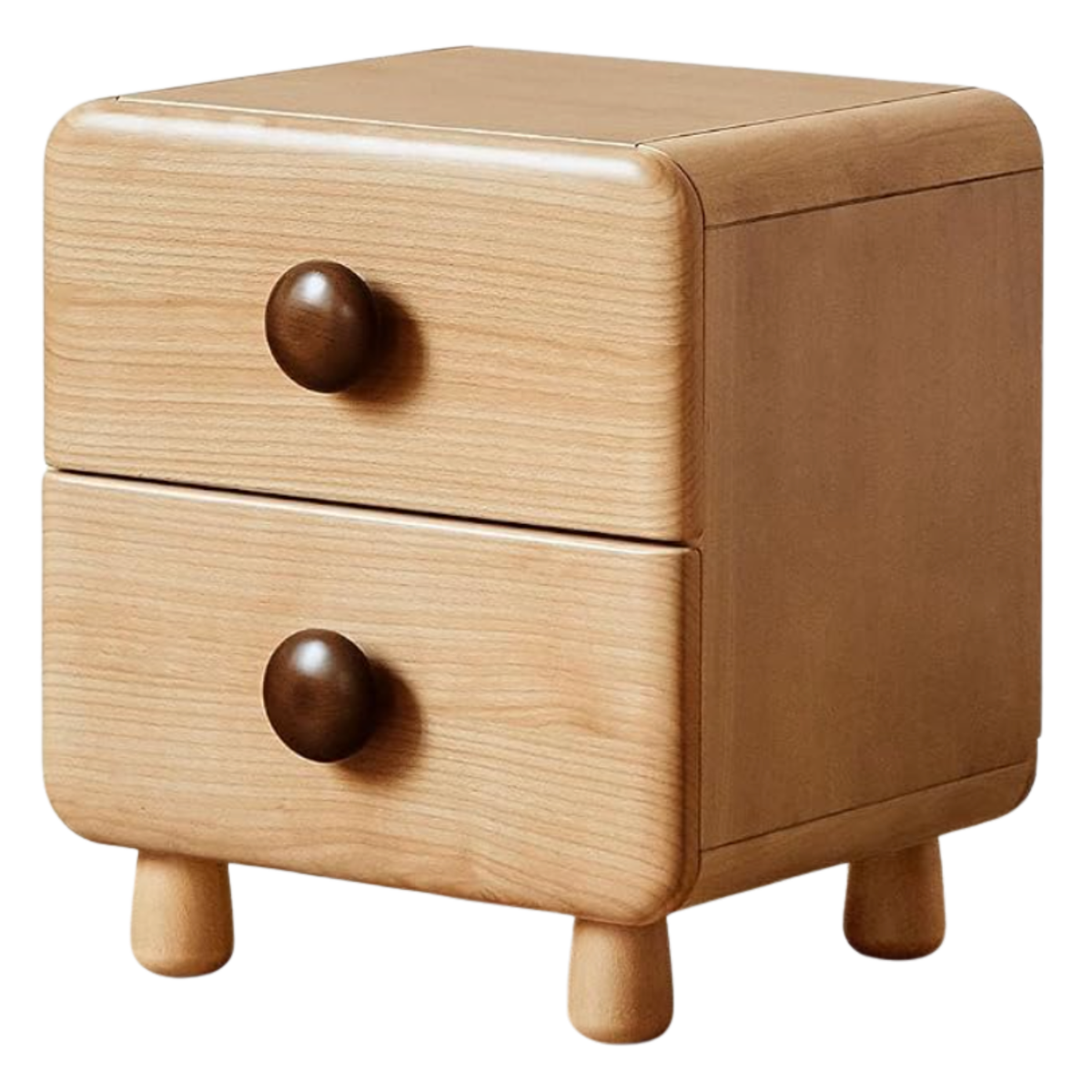 Beech Solid Wood Kids Two-Drawer Nightstand with Round Knob Pulls and Rounded Edges