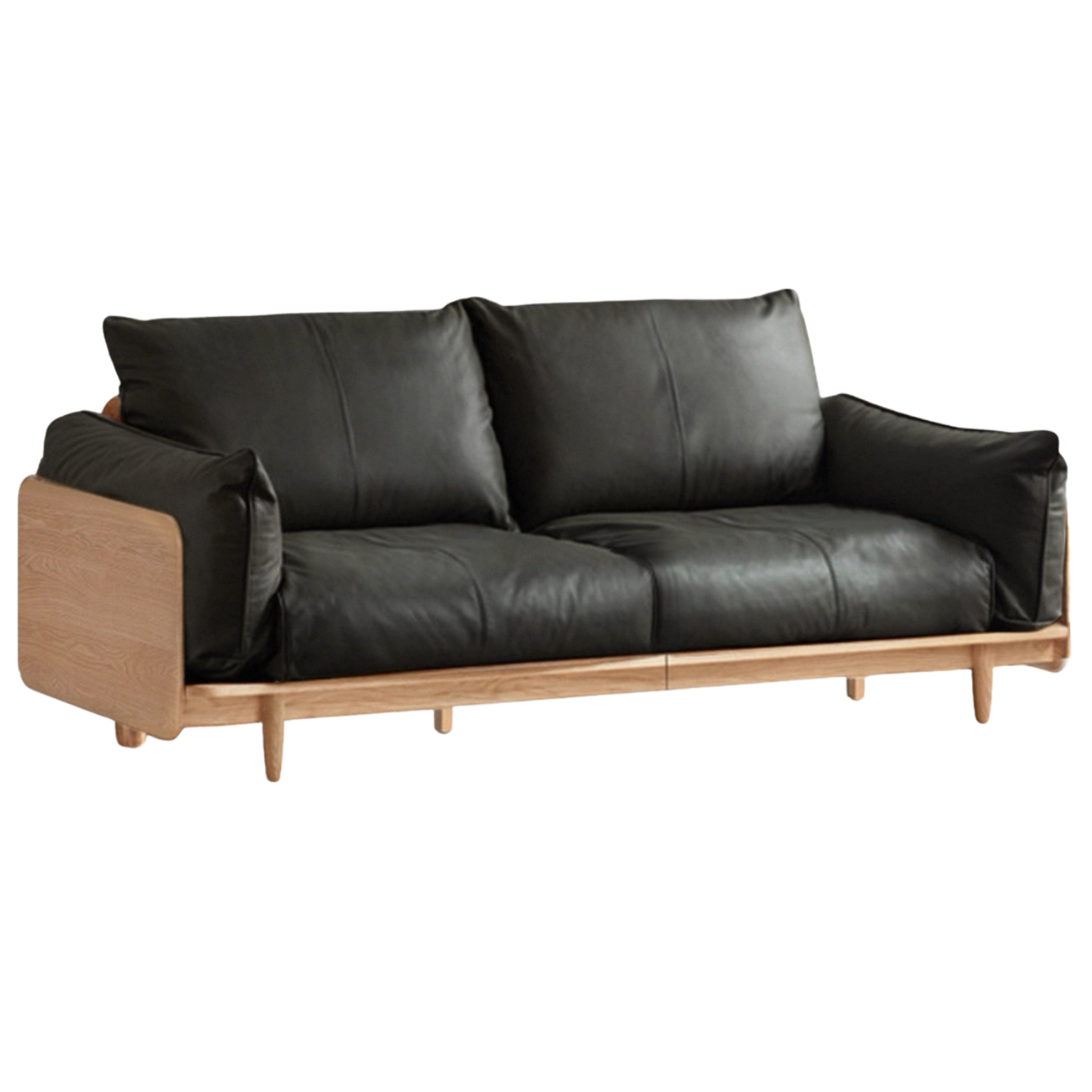 Oak, Ash Solid Wood Sofa with Exposed Wide Arms, High-Back, Genuine leather -fabric