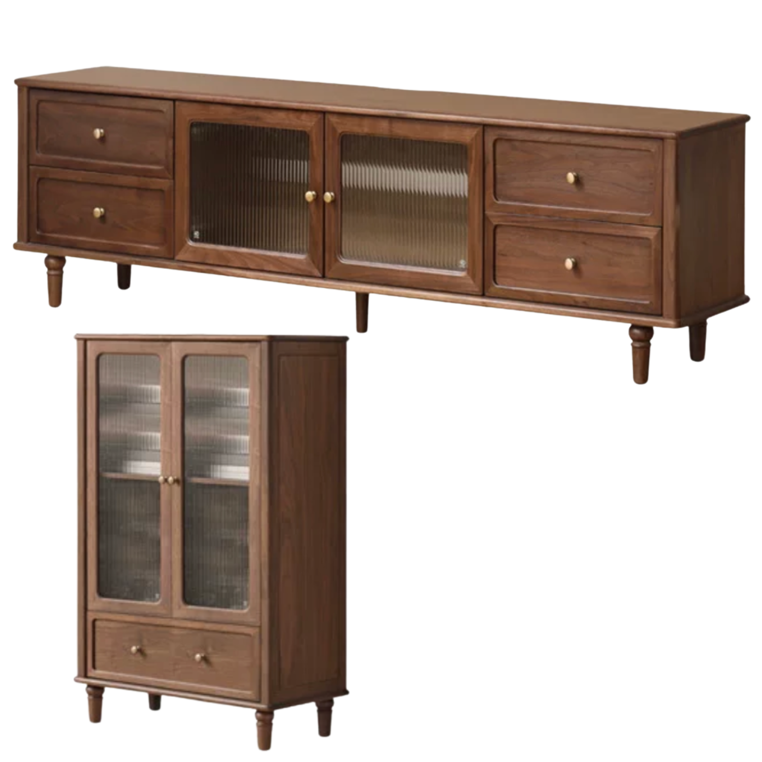 Black Walnut Solid Wood Traditional TV Console with Fluted Glass Doors and Brass Knobs