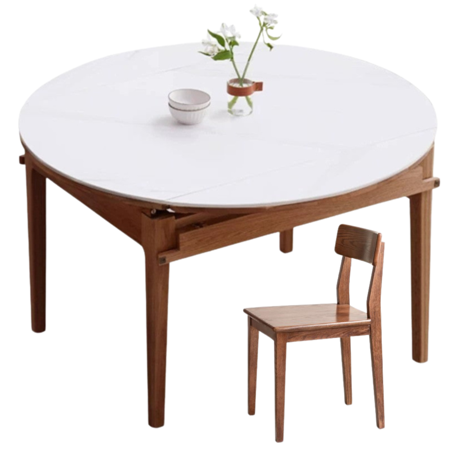 Oak Solid Wood Folding Round Retractable Dining Table