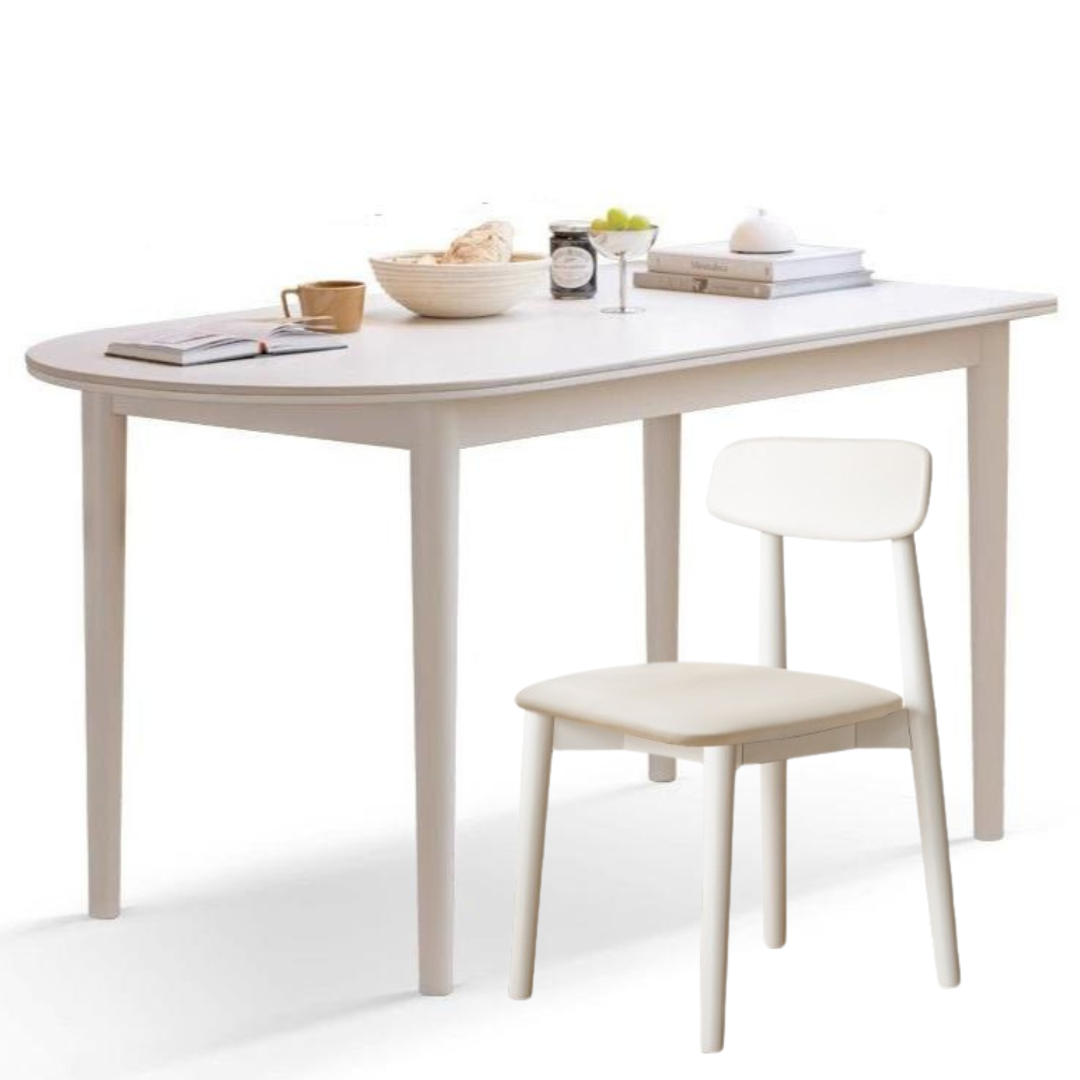 Birch solid wood white cream style semi-circular rock plate dining table