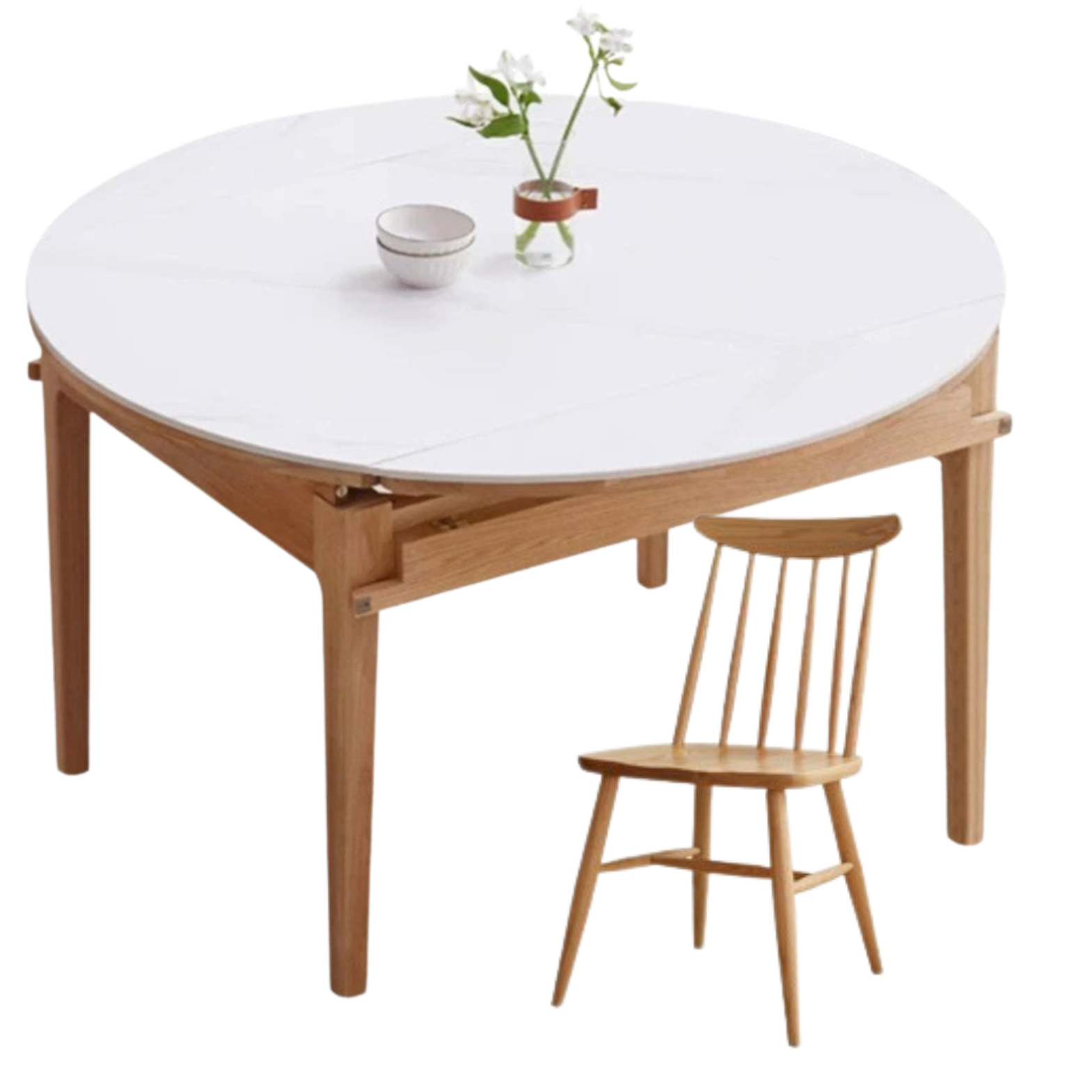 Oak solid wood folding round retractable dining table