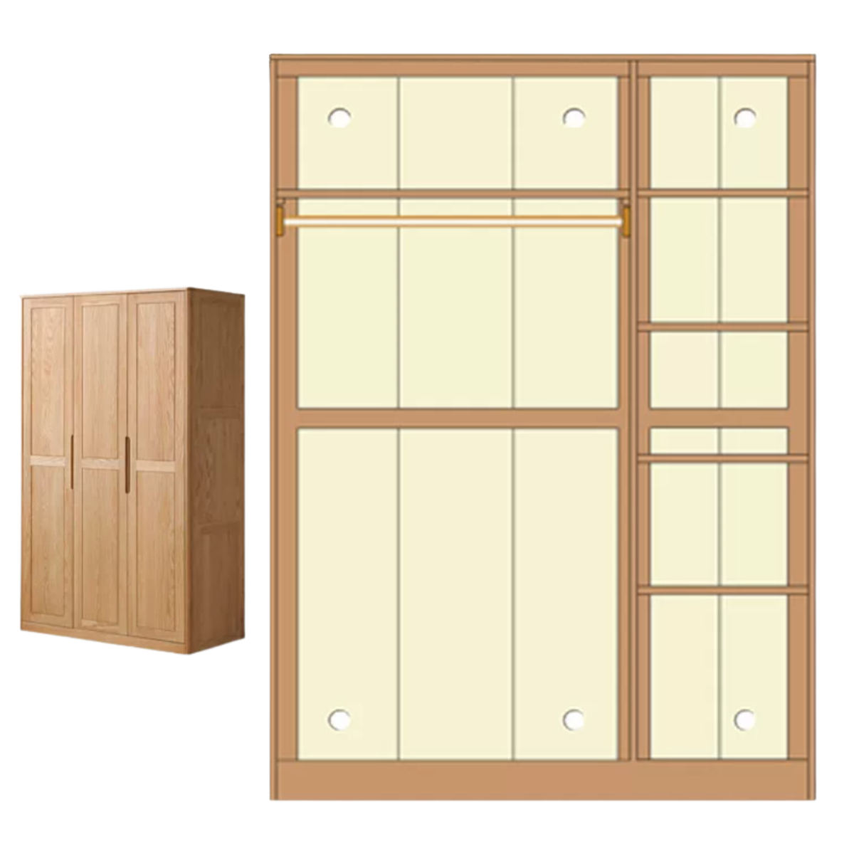 Oak Solid Wood narrow Wardrobe with Framed Panel Doors and Adjustable Layout